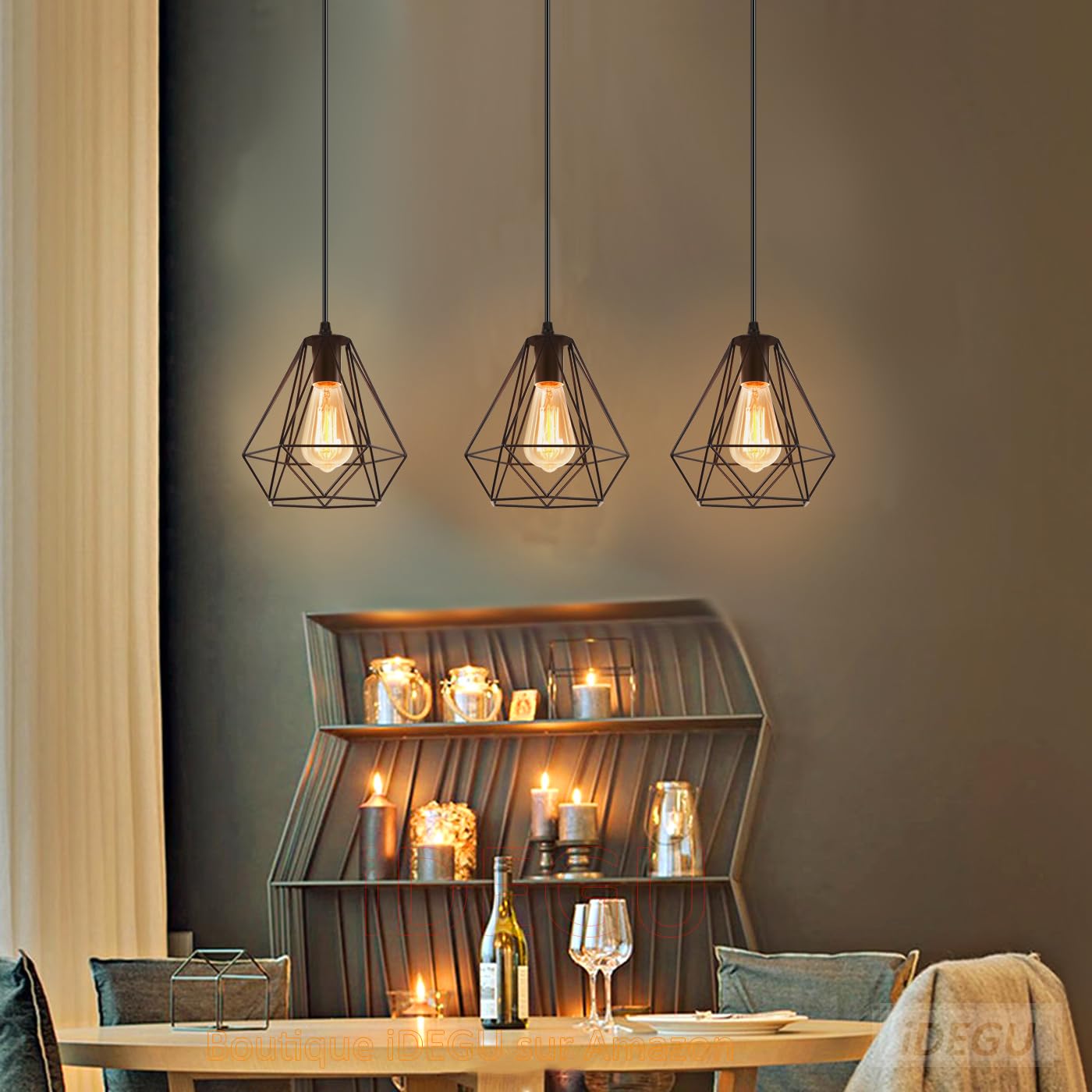 iDEGU set di 2 lampade a sospensione in stile vintage metallo lampadario a sospensione in forma di gabbia diamante, 20cm, Nero