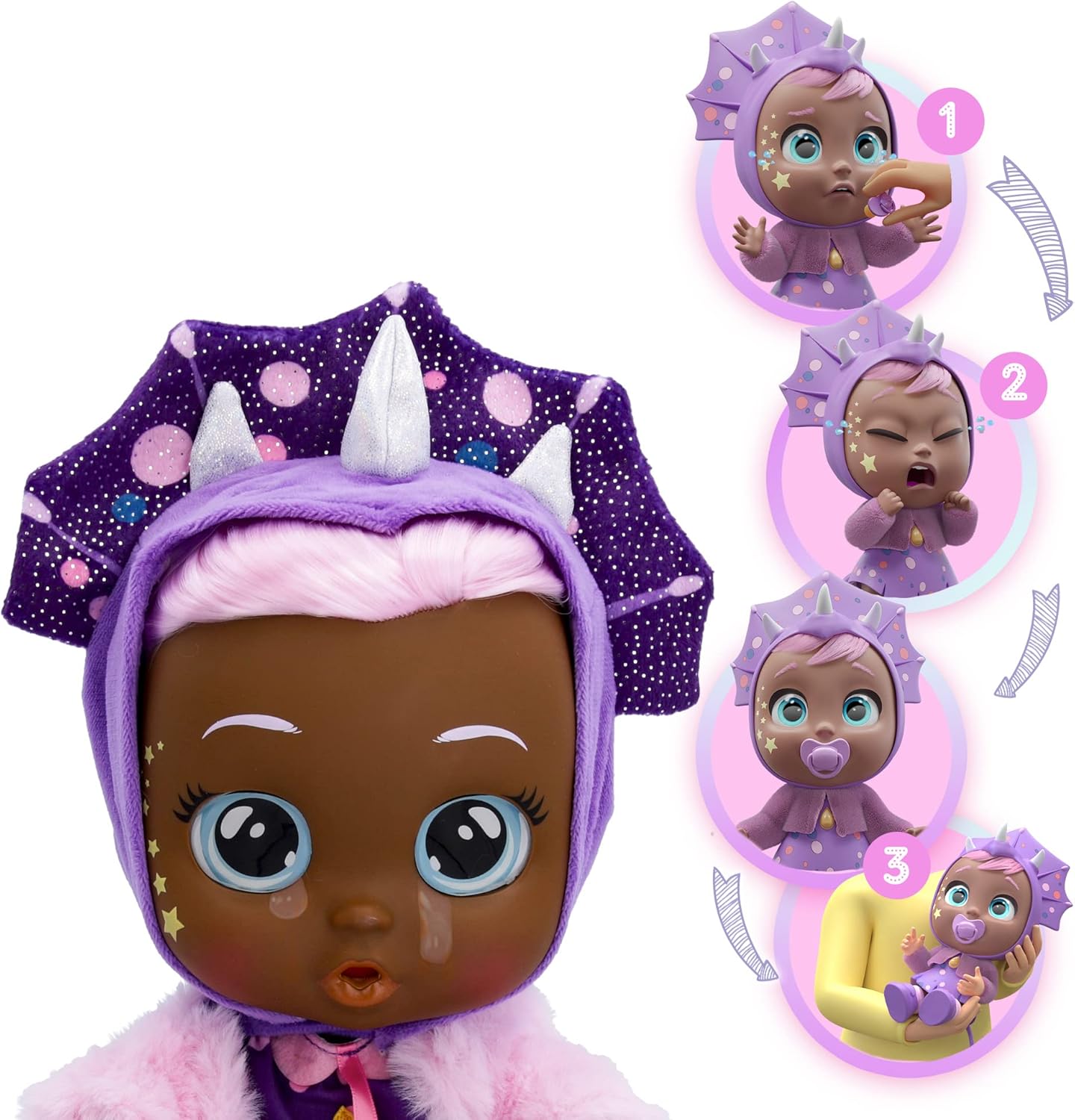 Cry Babies Dressy Fantasy Phoebe - 12" Baby Doll |Polka Dot Purple Dress with Pink Fuzzy Jacket and Dino Themed Hoodie, for Girls and Boys Ages 18M and Up