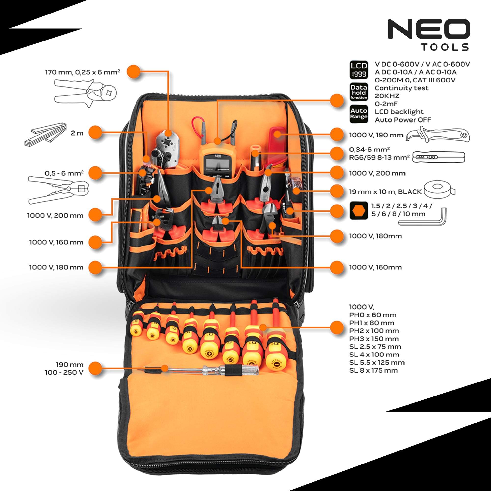 NEO TOOLS Werkzeugtasche für Elektriker, 31-teilig, Werkzeugtasche für Elektriker, 26 Taschen, Mobiles und langlebiges Elektrowerkzeugset im Rucksack, 01-313