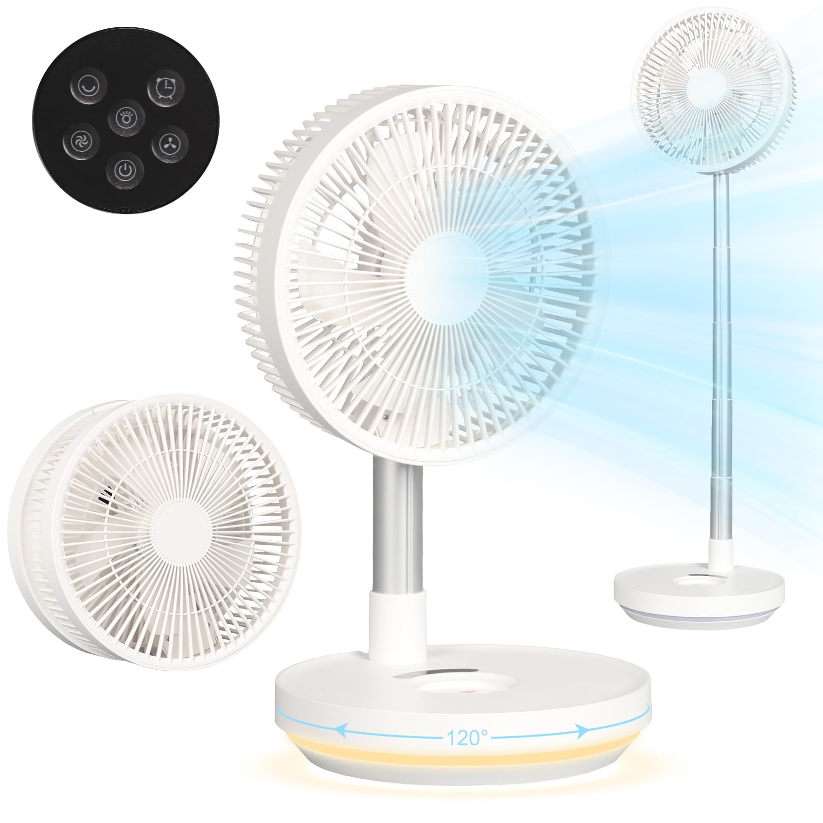Ventilador de Pie Oscilante Portátil Plegable con Remoto, 5.5-36 pulgadas Altura Ajustable, 7200mAh USB C Pequeño Mesa Ventiladores Silencioso con Temporizador para Viajes Camping Dormitorio