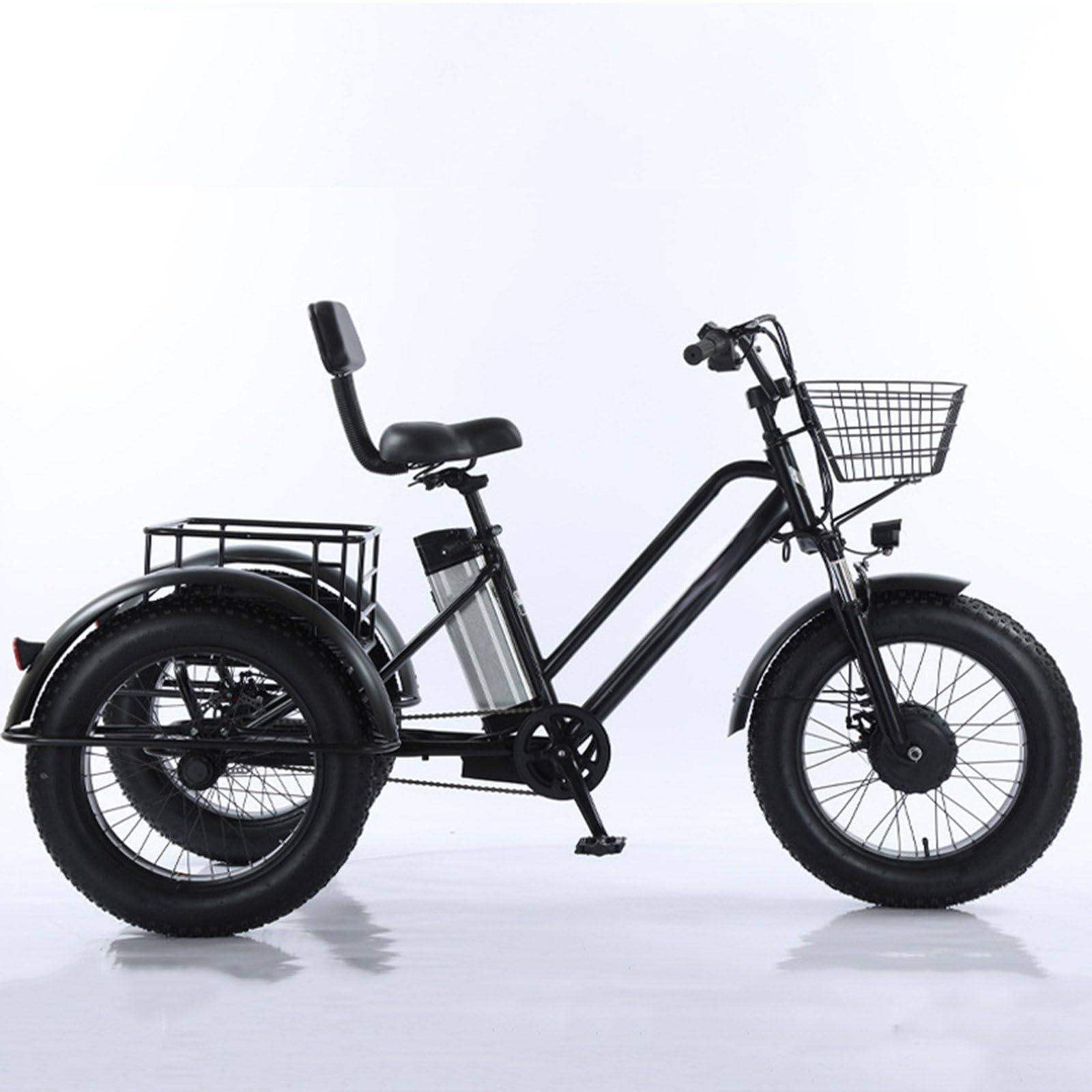 Tricycle électrique adulte à trois roues - Batterie amovible 48 V/12 Ah, vélo cargo électrique 20 pouces, pneus larges, autonomie de 35 km, idéal pour les courses et les pique-niques, charge maximal