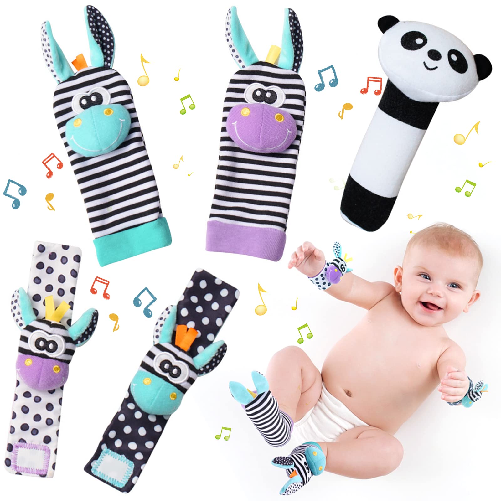 ZOCONE Baby Rattle Socks Toys Set with Wrist Rattle Toys for Babies 0-6 Months, Cute Animal Baby Rattles & Strap Wrist Socks - Infant Sensory Toys Gift for 0-6 Month Babies Boy Girl