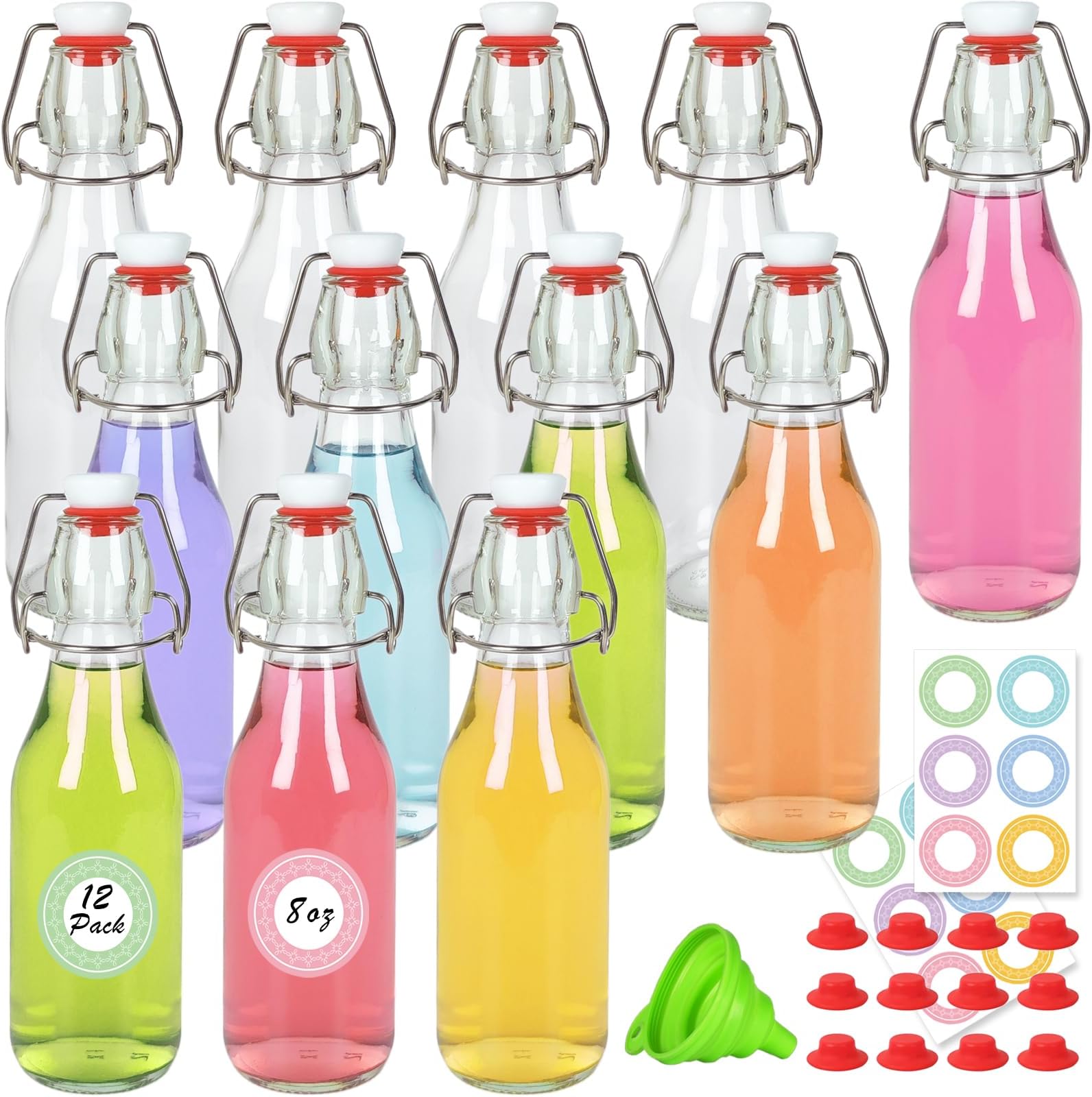 12 Pack 8 oz Swing Top Glass Bottles, 250 ml Glass Beer Bottles with Airtight Flip Lids Rubber Seal for Vanilla Extract, Home Brewing, 2nd Fermentation, Kombucha, Juice, Soda, Limoncello