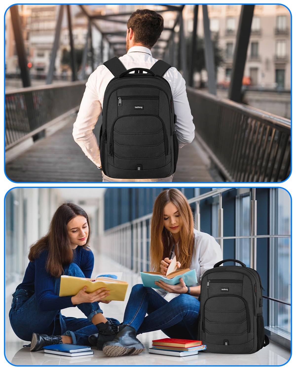 Sac à Dos Ordinateur Portable 15.6 Pouces Femme Homme Fonctionnel,Sac École Garçon PC Portable avec USB Charging Port Imperméable Antivol pour Collège Affaire Scolaire Lycée Business Travail,Noir