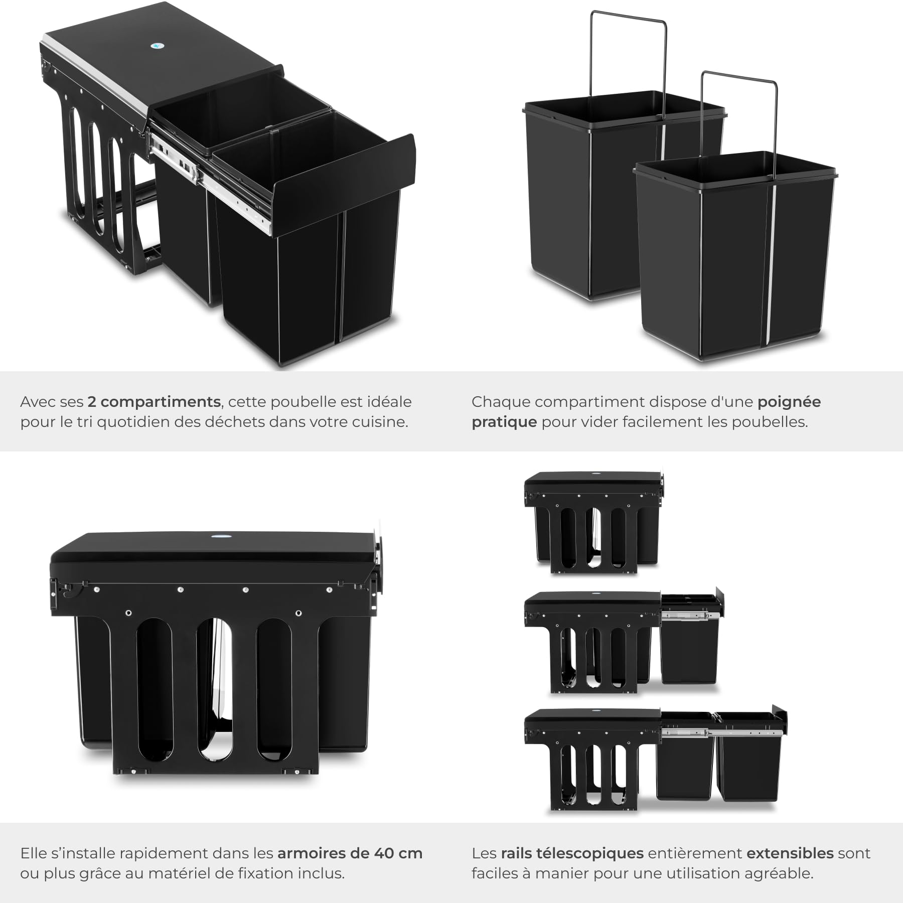 tectake® Poubelle de tri selectif pour Meuble de cuisine Poubelle cuisine Noir Poubelle 2 compartiments 2x15L Poubelle cuisine 30 litres Poubelle sous evier Poubelle encastrable Poubelle plastique