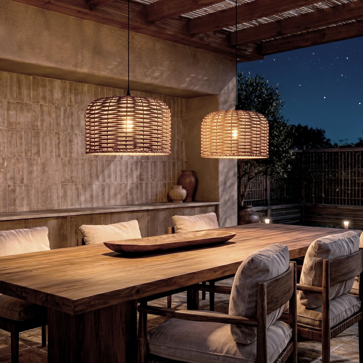 LEDKIA LIGHTING Lámpara Colgante Exterior Efecto Ratán Léa Drum S Natural E27