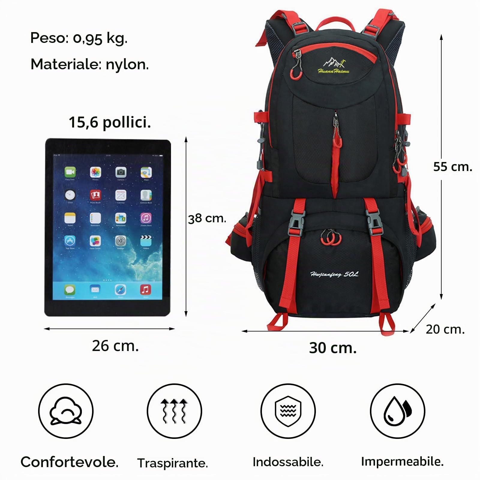 50L Zaino da Trekking Impermeabile Zaino Hiking Backpack per Donna Uomo Campeggio Ciclismo Arrampicata Sport Nero