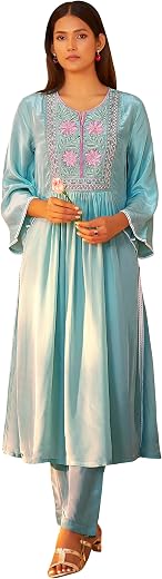 Arangya Women's Pure Crepe Embroidered Flared Kurta Set with Bell Sleeves l Aqua Blue Ethnic Wear with Matching Pants