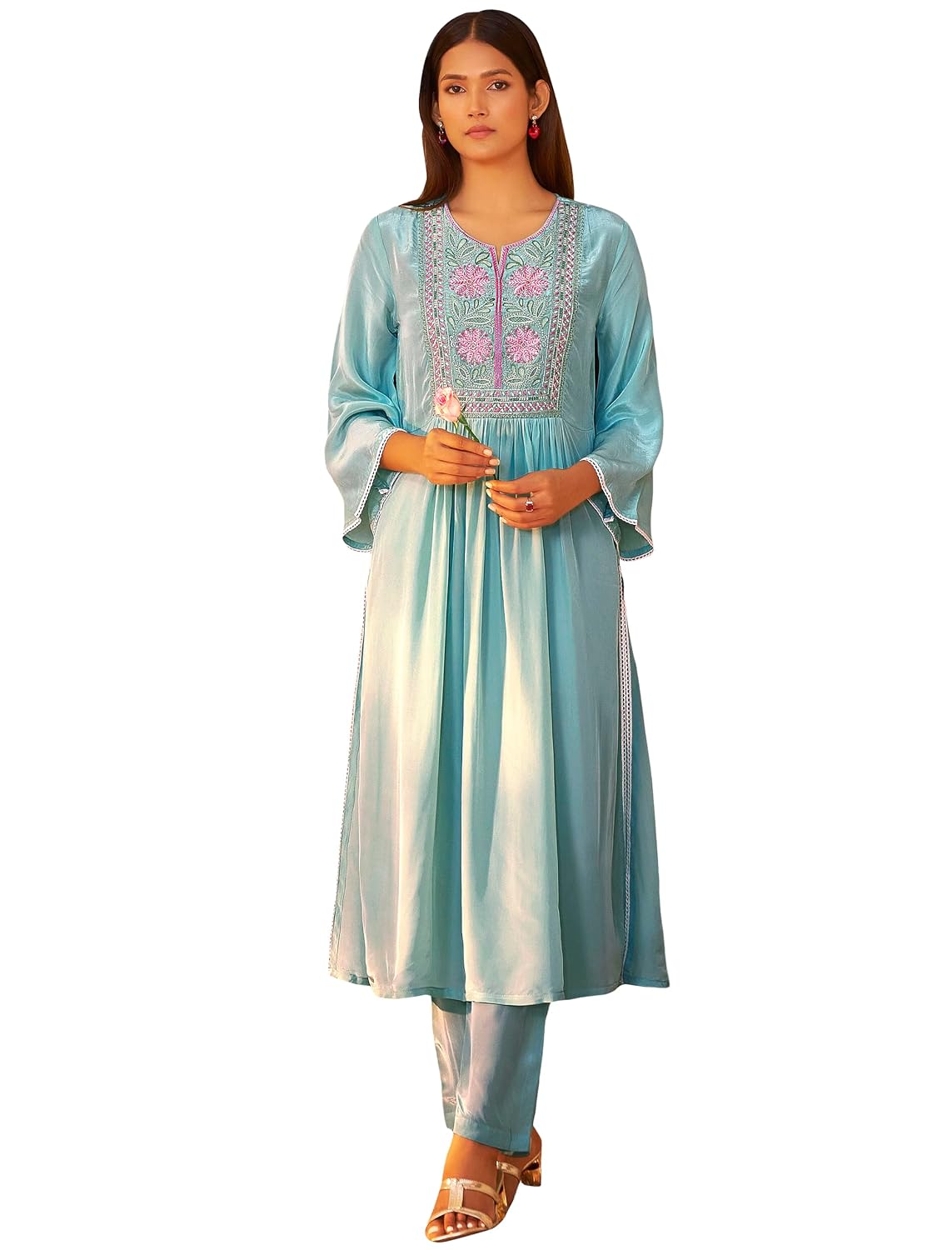 Arangya Women's Pure Crepe Embroidered Flared Kurta Set with Bell Sleeves l Aqua Blue Ethnic Wear with Matching Pants - Review, Price and Buying Guide