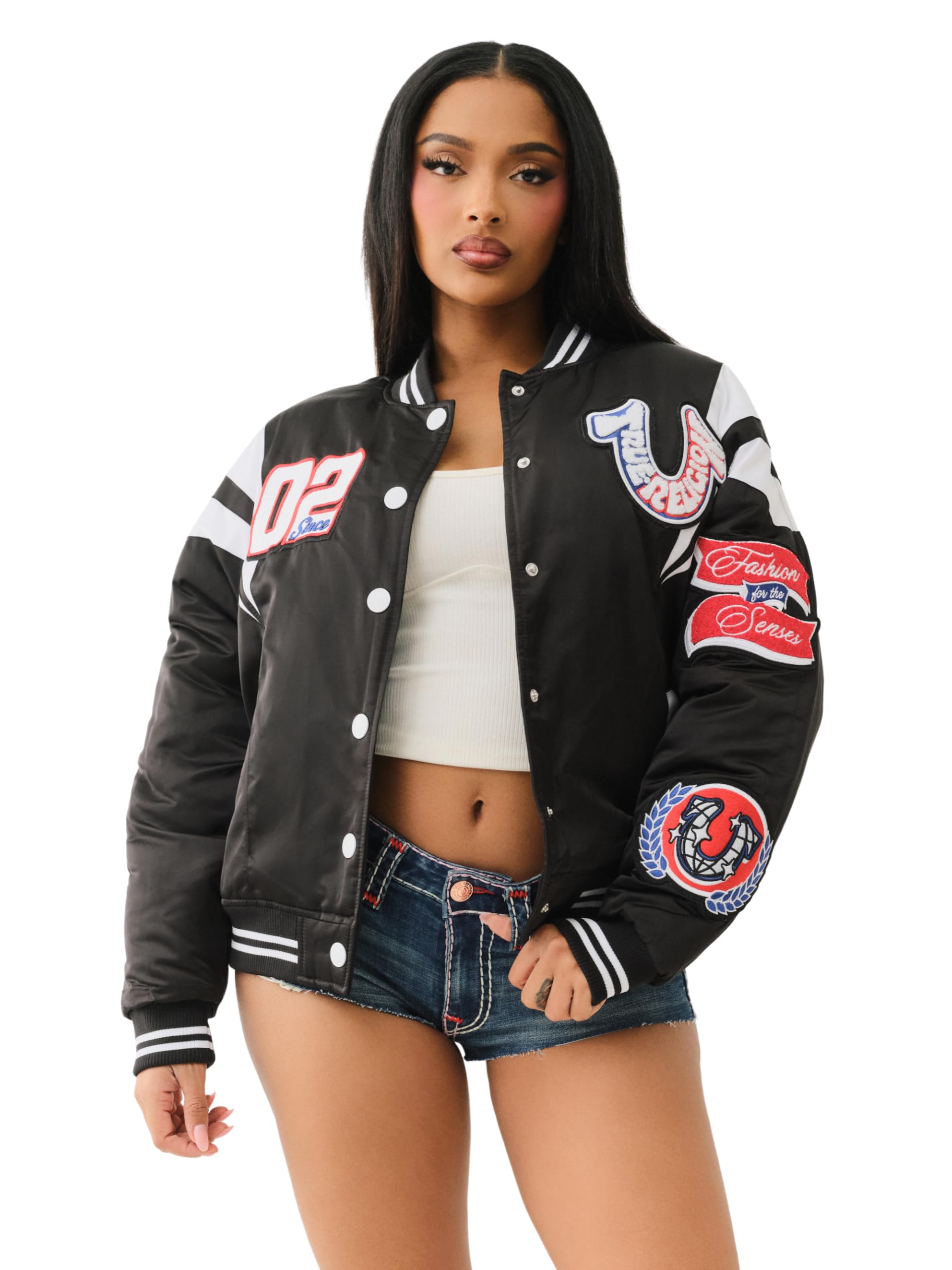 True Religion Women's TR Satin Oversized Varsity Bomber Jacket - Jet Black | Zip-Up Bomber with Ribbed Cuffs
