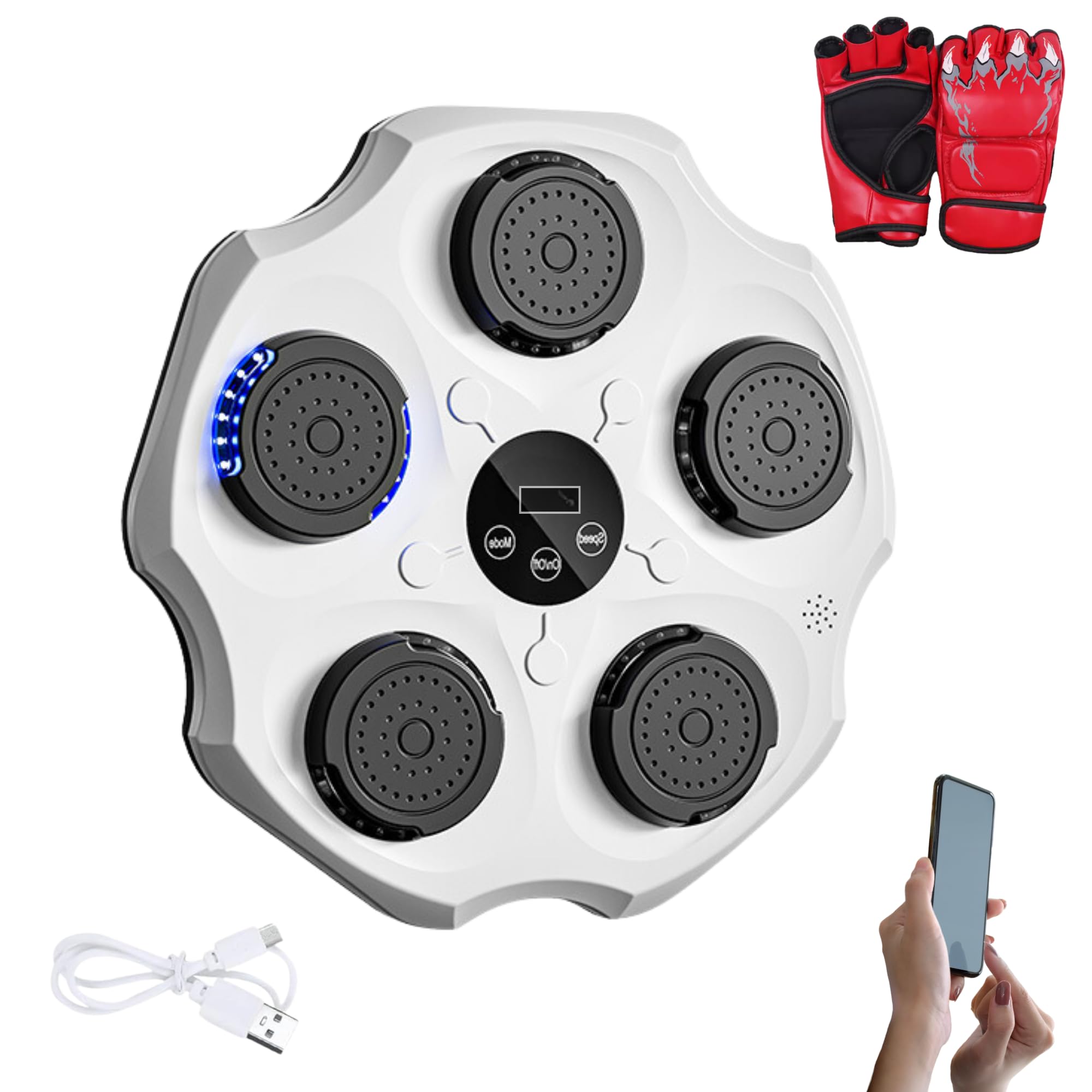 Muzyczna maszyna bokserska. Sprzęt do treningu ściennego z diodami LED, rękawicami bokserskimi, Bluetooth i światłami rytmicznymi do muzyki dla dzieci/dorosłych. (9 trybów, 43 x 43 cm)