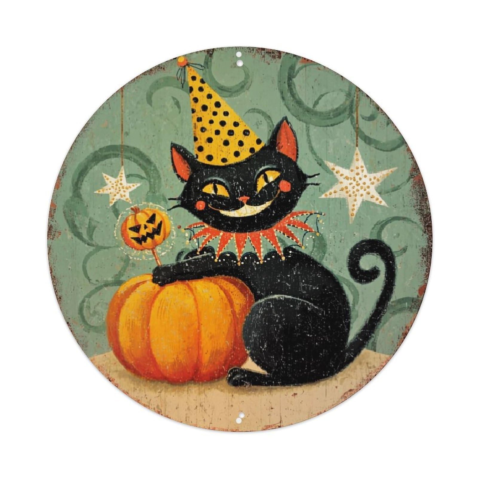 Black Cat Pumpkin Party Hat Star Metal Tin Sign Plaque