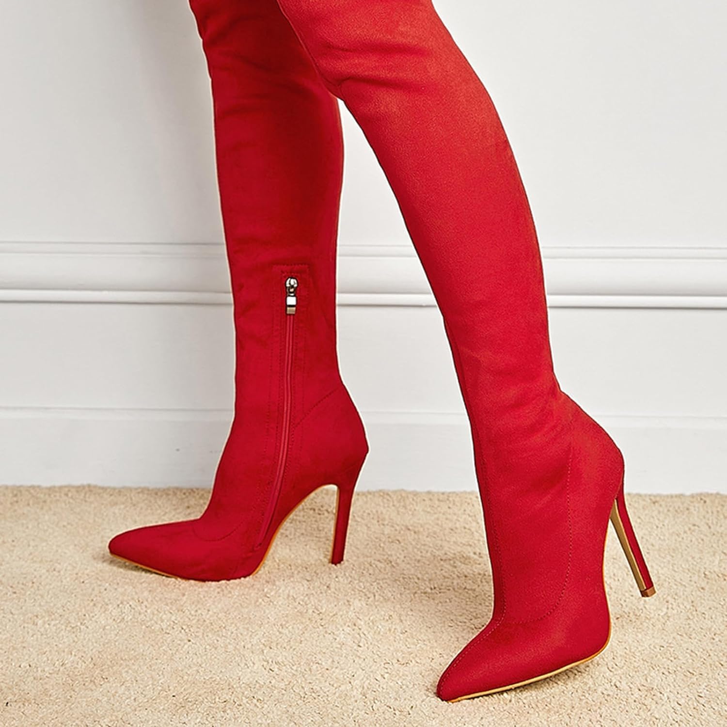 Stivali sopra il ginocchio in pelle scamosciata da 4,33 pollici Stivali sexy con tacco alto Scarpe da festa a spillo Stivali autunnali Scarpe di grandi dimensioni da donna pelle/red/35EU