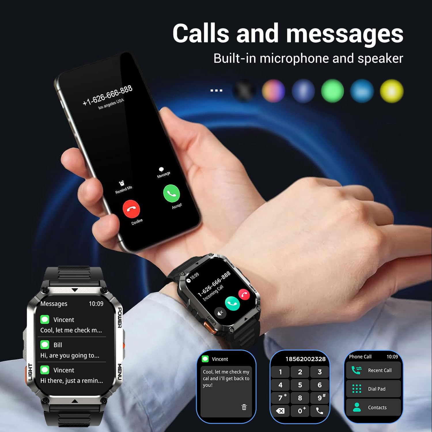 Smartwatch da uomo con torcia LED, touchscreen da 2,01 pollici, cassa in acciaio inossidabile, cinturino in gomma, funzione vocale Bluetooth 5.3, contapassi, contacalorie, cronometro,A