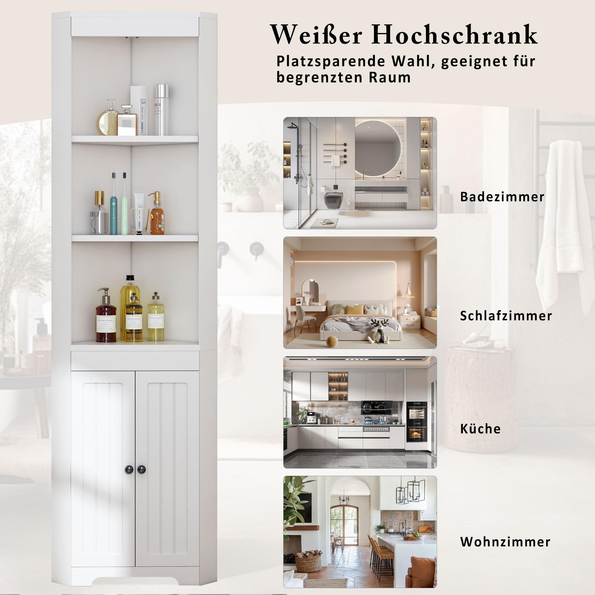 SogesHome Badezimmerschrank hoch mit offenen Regalfächern und Tür, platzsparender Eckschrank aus MDF, Feuchtigkeitsgeschützt, Einlegeböden höhenverstellbar, Weiß, Modernes Design (Weiß)