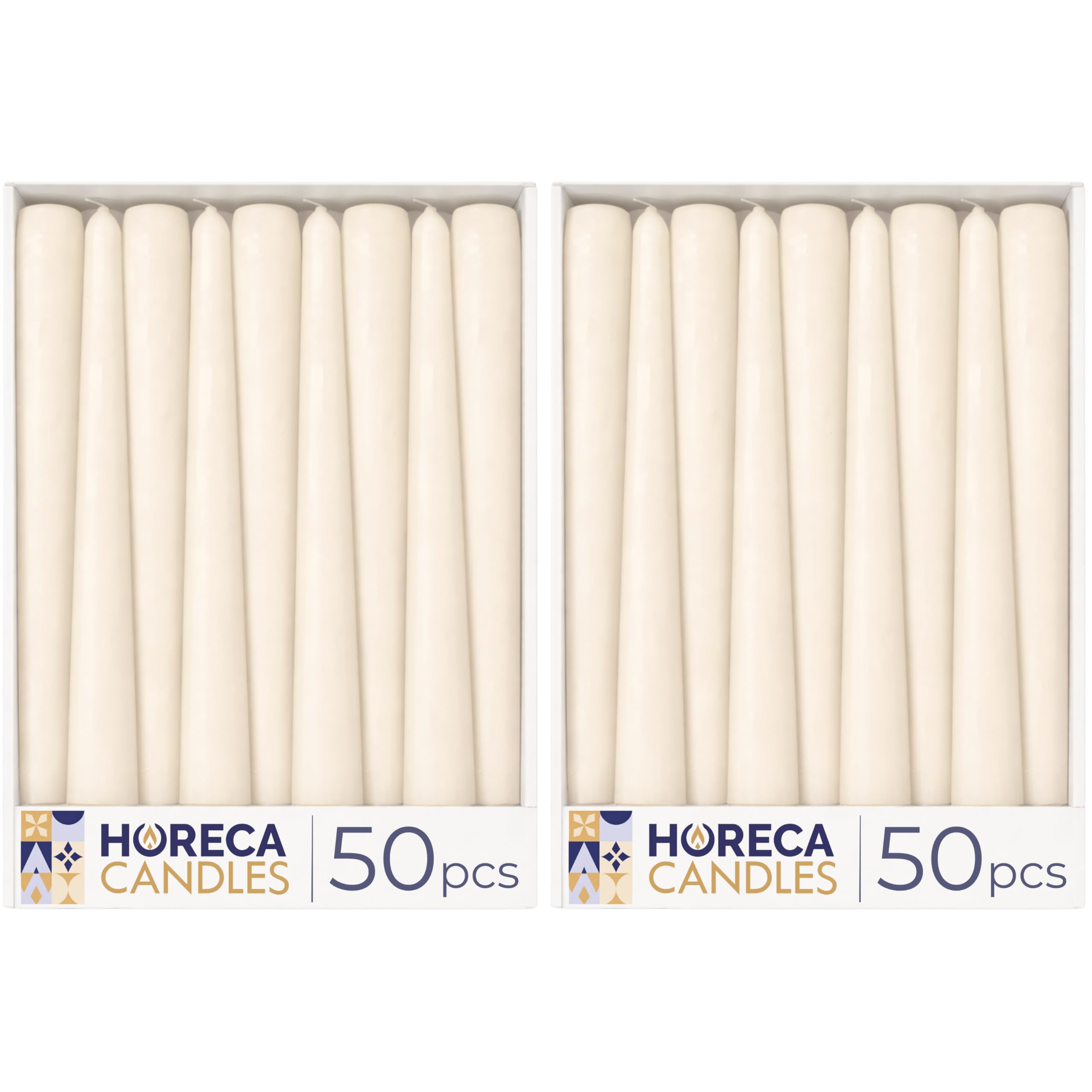 Horeca Candles – Unscented Ivory Taper Candles - 10 Inch – Set of 100 Smokeless & Dripless Dinner Candlesticks – 8 Hour Burn Time - Premium European Quality for Home Decor, Restaurant, Wedding, Party