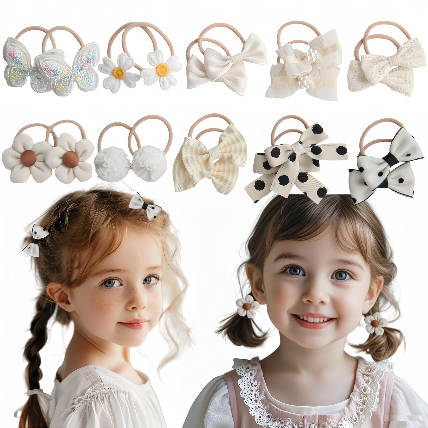 KAQILE 20 Stück Haargummis für Kinder, Bunt Elastisch Haargummis, Soft Bow Haarband, Haargummi mädchen, Pferdeschwanz Inhaber Haarzubehör für Kleine Mädchen Kinde (20Stück Weiß)