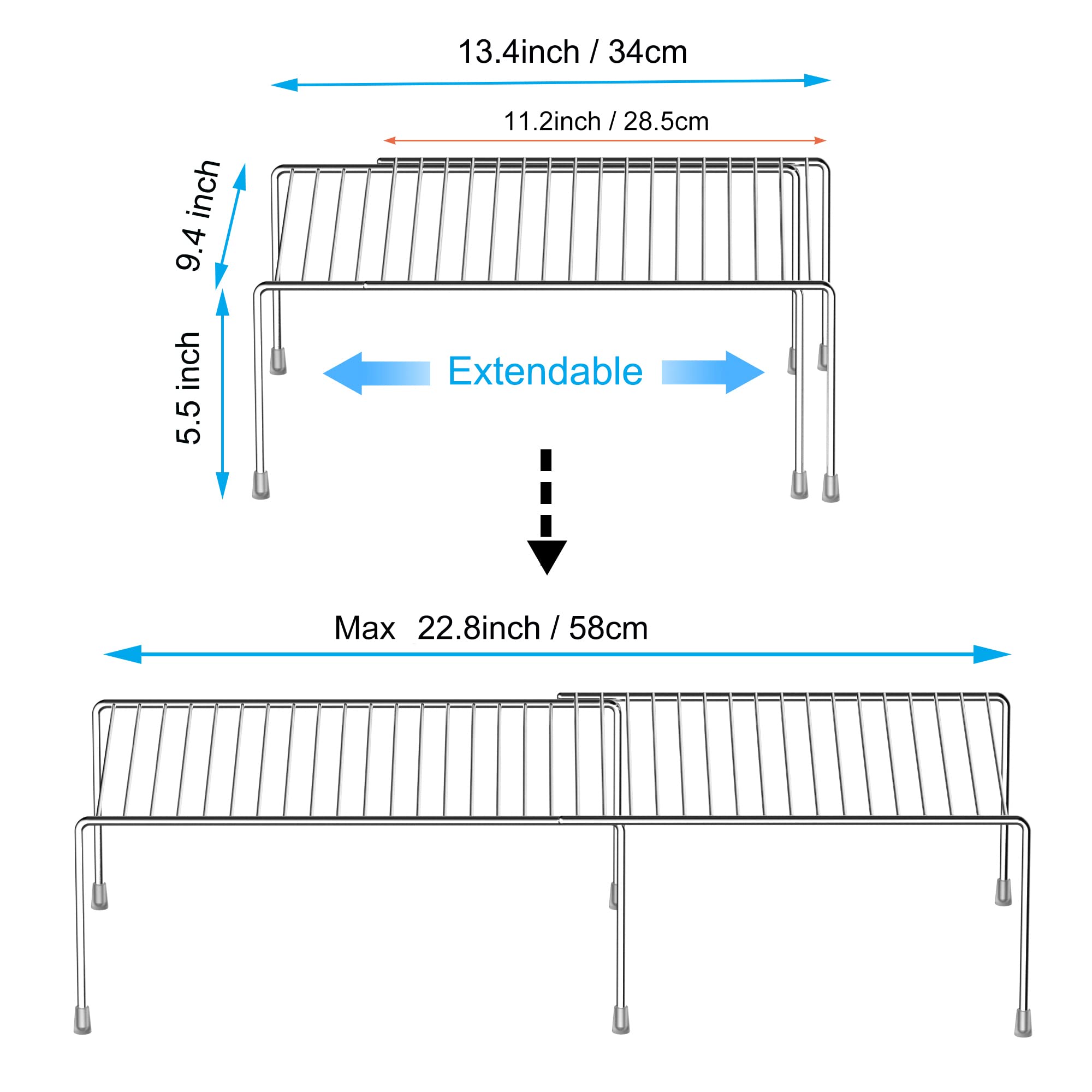 iPEGTOP Freezer Cabinet Storage Shelf Set of 6, 12 Pieces Expandable Heavy-Duty Rustproof Metal Wire Spice Rack, Adjustable Kitchen Organizer Counter Fridge Pantry Drawer Shelf Space Saver (Chrome)