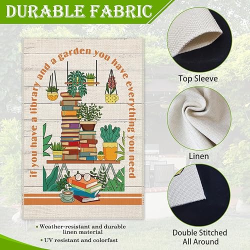 Miniatura 4 de Hafhue Bandera de jardín de bienvenida con texto en inglés "If You Have A Library And A Garden", de doble cara de 12 x 18 pulgadas, para decoración