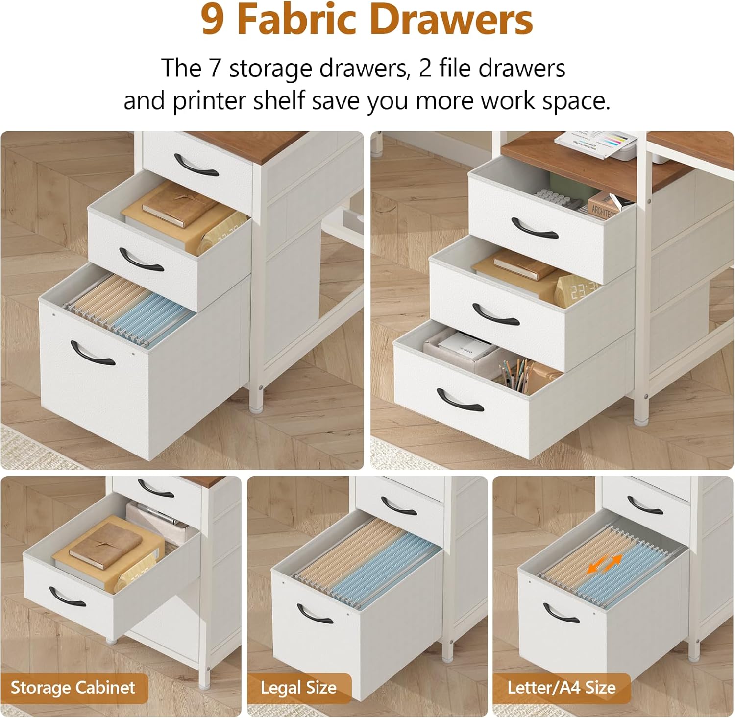 YOMILUVE 98.4" Long Computer Desk with 9 Drawers, 2 Person Gaming Desk with LED Lights & Power Outlet, Two Person Home Office Desk with Storage, Printer Shelf ＆ Monitor Stand, Brown and White