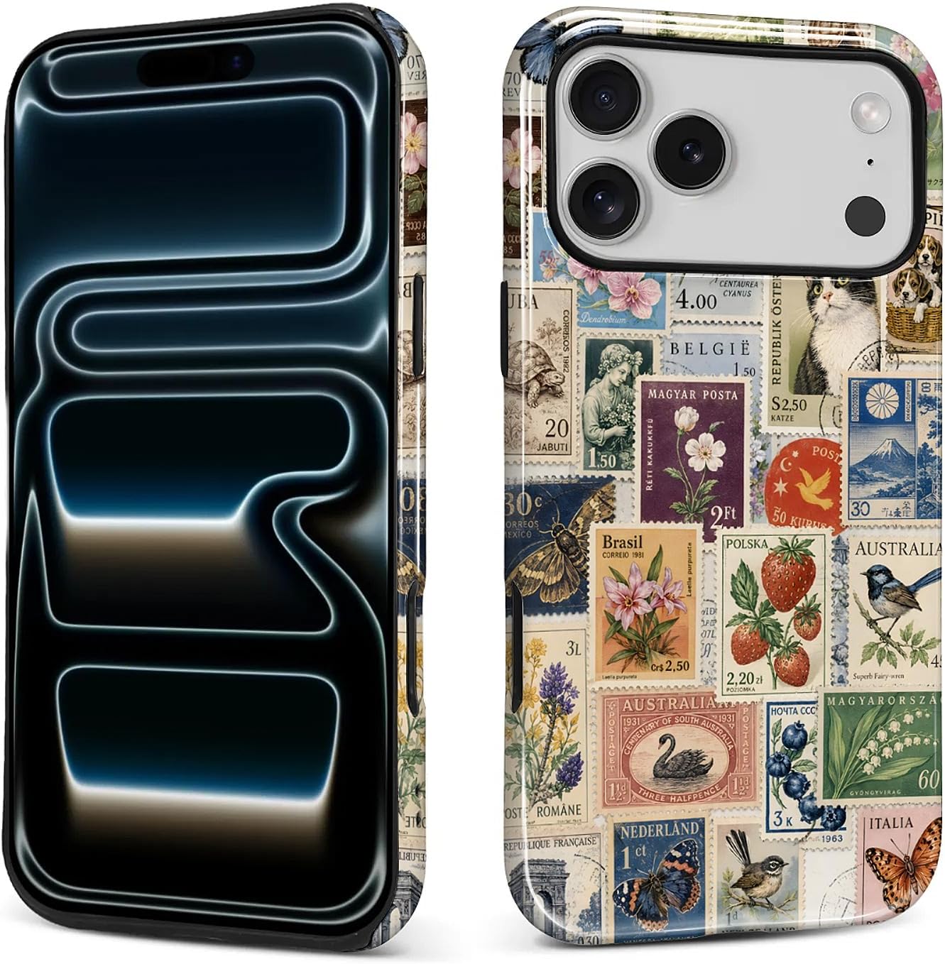 Case for iPhone 17 Pro Case,Vintage Stamp Collage Design Hybrid Dual Protection Silicone Hard PC Shockproof Full Body Cover Slim Anti Scratch Protective Case for Men Women
