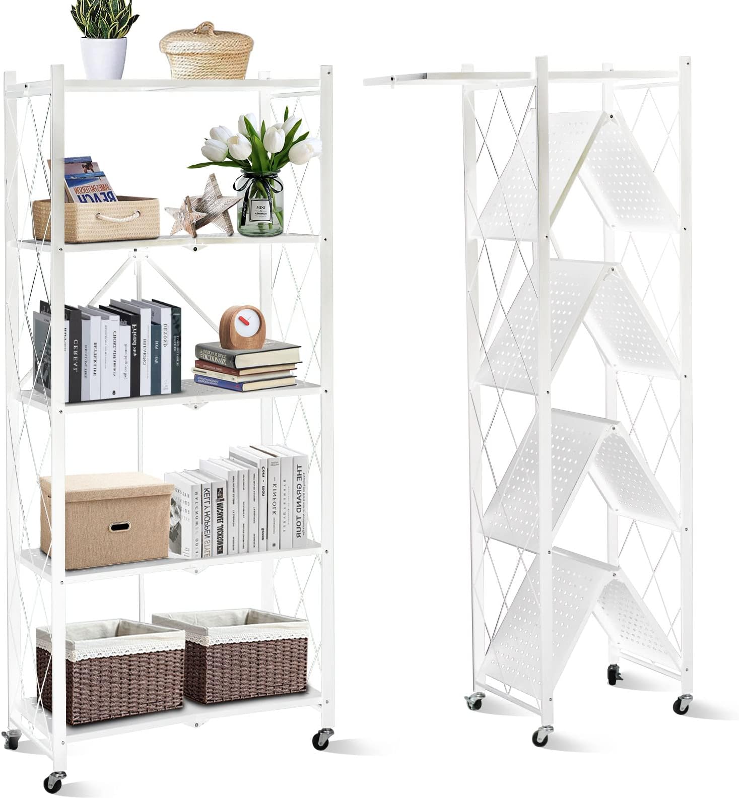 SKY-TOUCH Foldable Storage Shelves 5 Tier, Storage Racks Kitchen Cabinet, Shelf Storage Multipurpose Rack for Living Room Bedroom Kitchen Garage Easy Assembly White 5-shelf