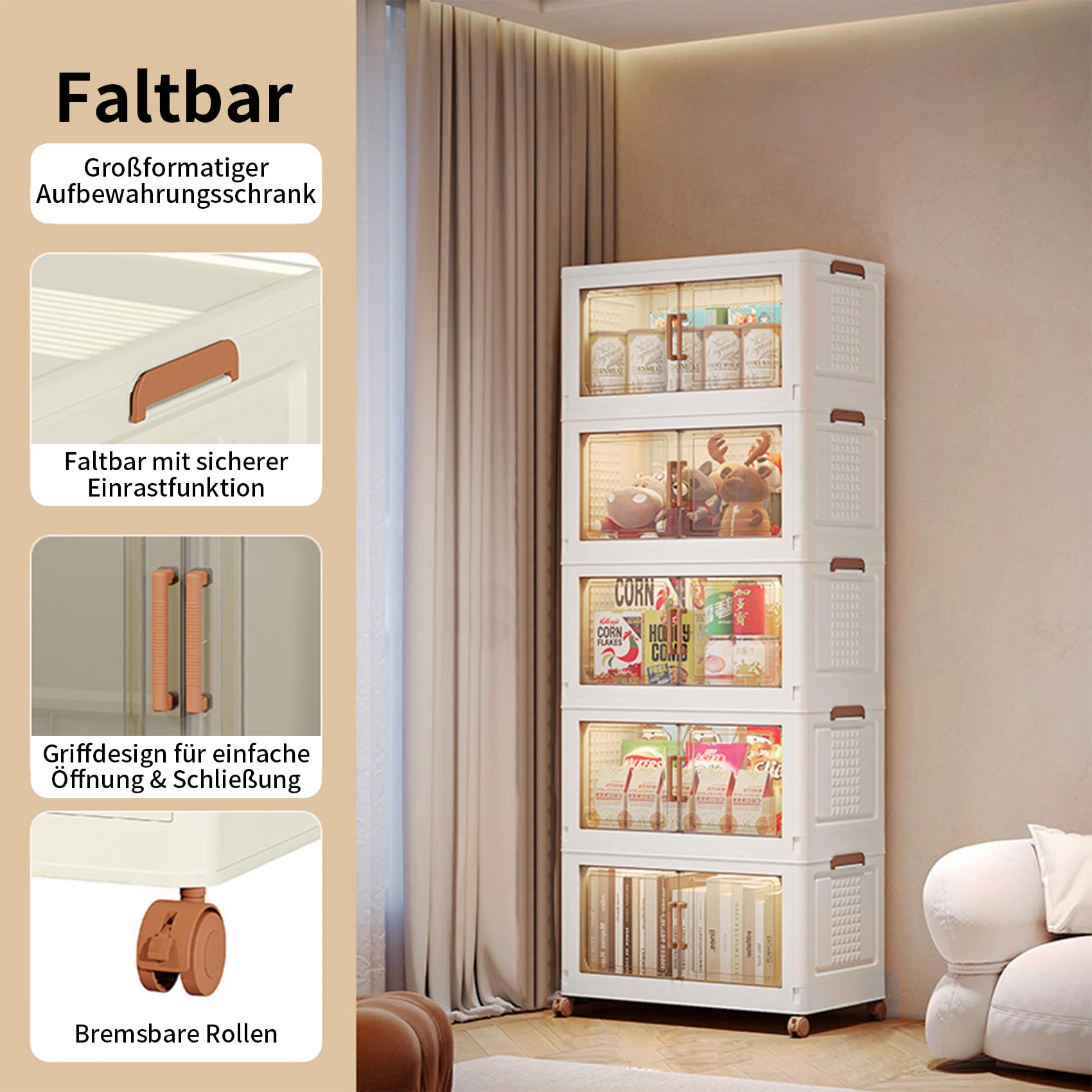 24L*5 Faltbare Aufbewahrungsbox mit Deckel mit Rollen | Stapelbare Aufbewahrungsboxen Plastikbox mit Magnetische Tür Storage Boxes für Schlafzimmer Wohnzimmer und Küchen