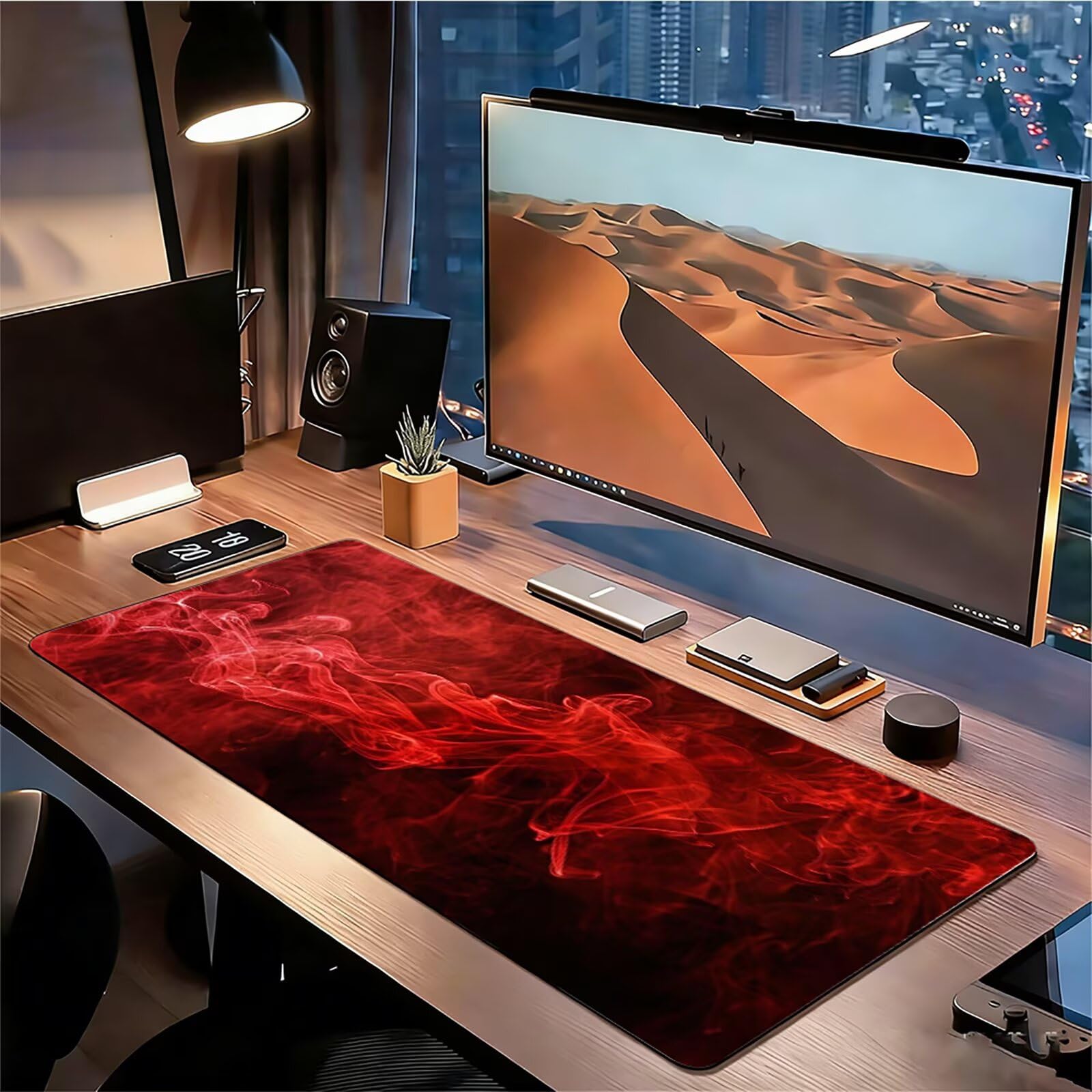 Alfombrilla Ratón Gaming XXL, Alfombrilla Escritorio 1400x600x3mm Rojo Protector Escritorio Mejora La Precisión y La Velocidad con Base de Goma Antideslizante y Bordes Cosidos, Gamer, Fumar xg-594