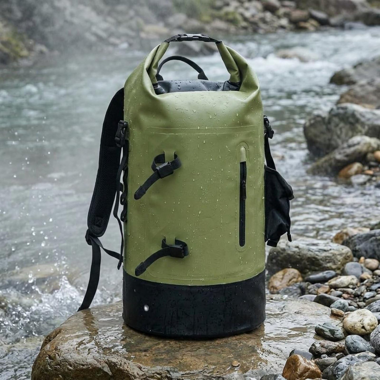 Zaino Impermeabile Outdoor Rotolo Borsa Stagna da Avventura PVC 500D con Chiusura Rotolo E Tasca Frontale Adatto per Canottaggio, Nero, Nero, 32x48x16 Cm, 20L