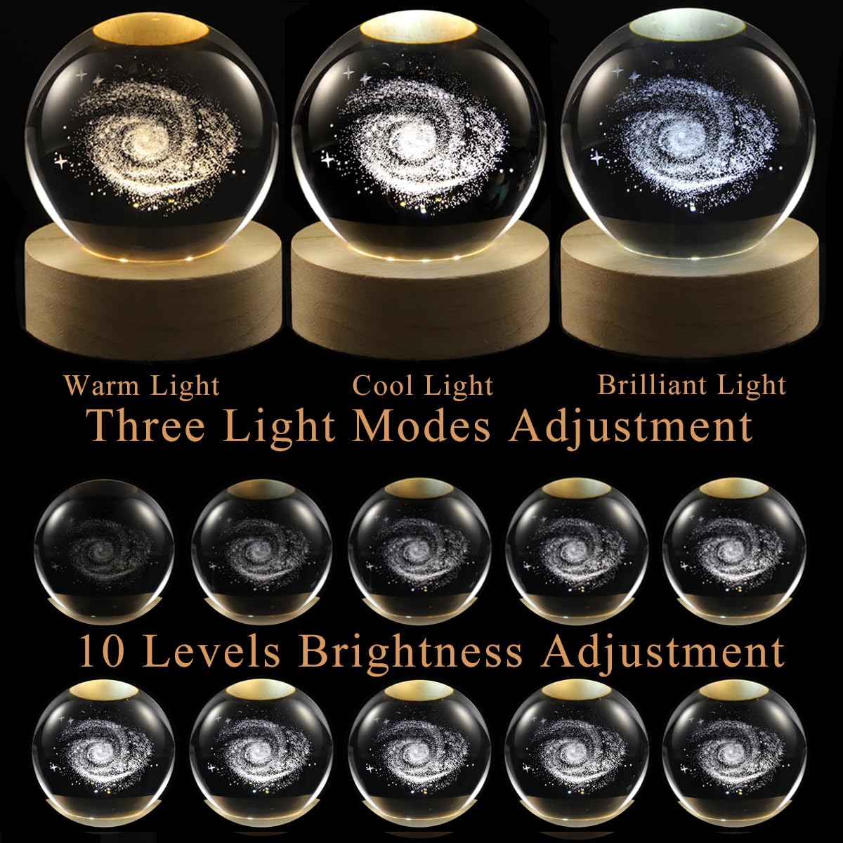Lámpara de bola de cristal de galaxia 3D con LED regulable y base de madera, luz nocturna para niños, adolescentes y adultos, decoración de escritorio en casa, oficina, dormitorio, regalo de 2