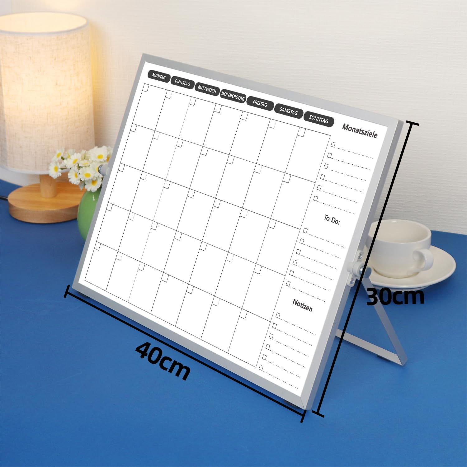 Doppelseitiges Whiteboard Wochenplaner/Monatsplaner abwischbar mit Halter für Tisch und zum aufhängen für Wand 40 x 30 cm