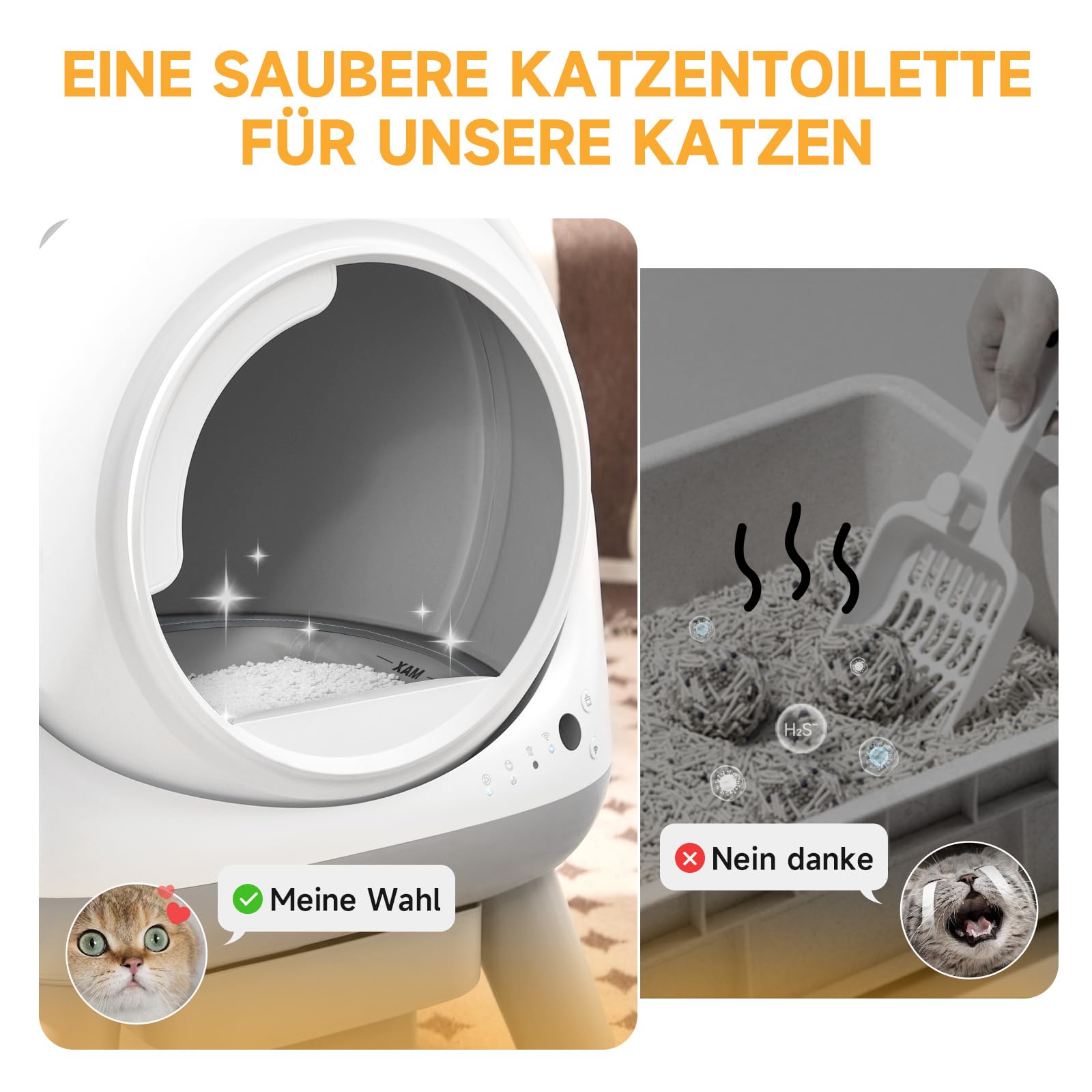ELS PET Extragroße Selbstreinigende Katzentoilette, Sicherheitsarm, Weiß | App-Steuerung, offenes Design, Sicherheitsarm, 7 Sensoren, Geruchskontrolle, 30 cm Eingang, 18 L Tank, 1,1-8,2 kg, Antihaft