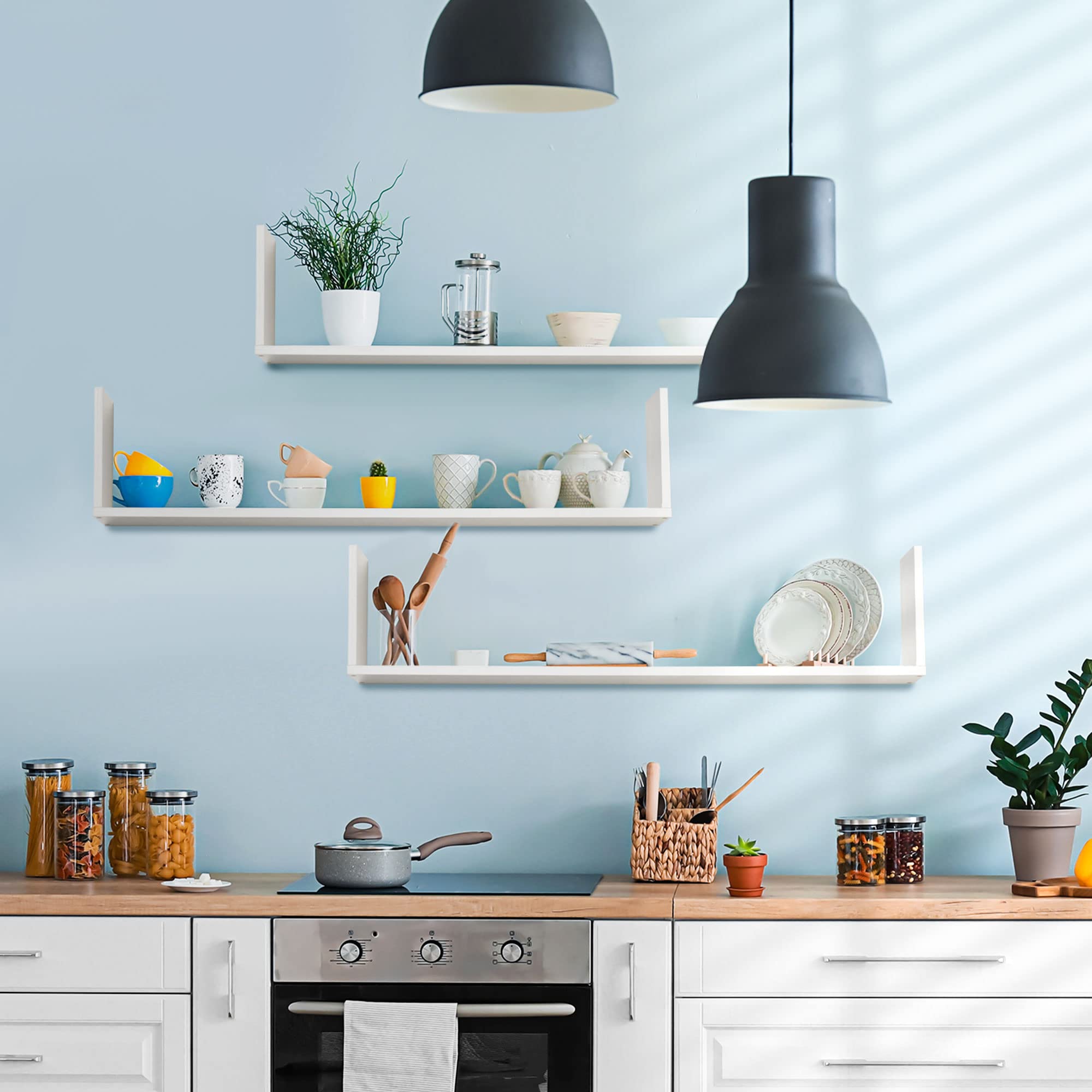 HOMCOM Set 3 Mensole da Parete Portaoggetti in Legno 80x18x18 cm Bianco | Mensole da Muro, per Soggiorno, Cucina e Cameretta