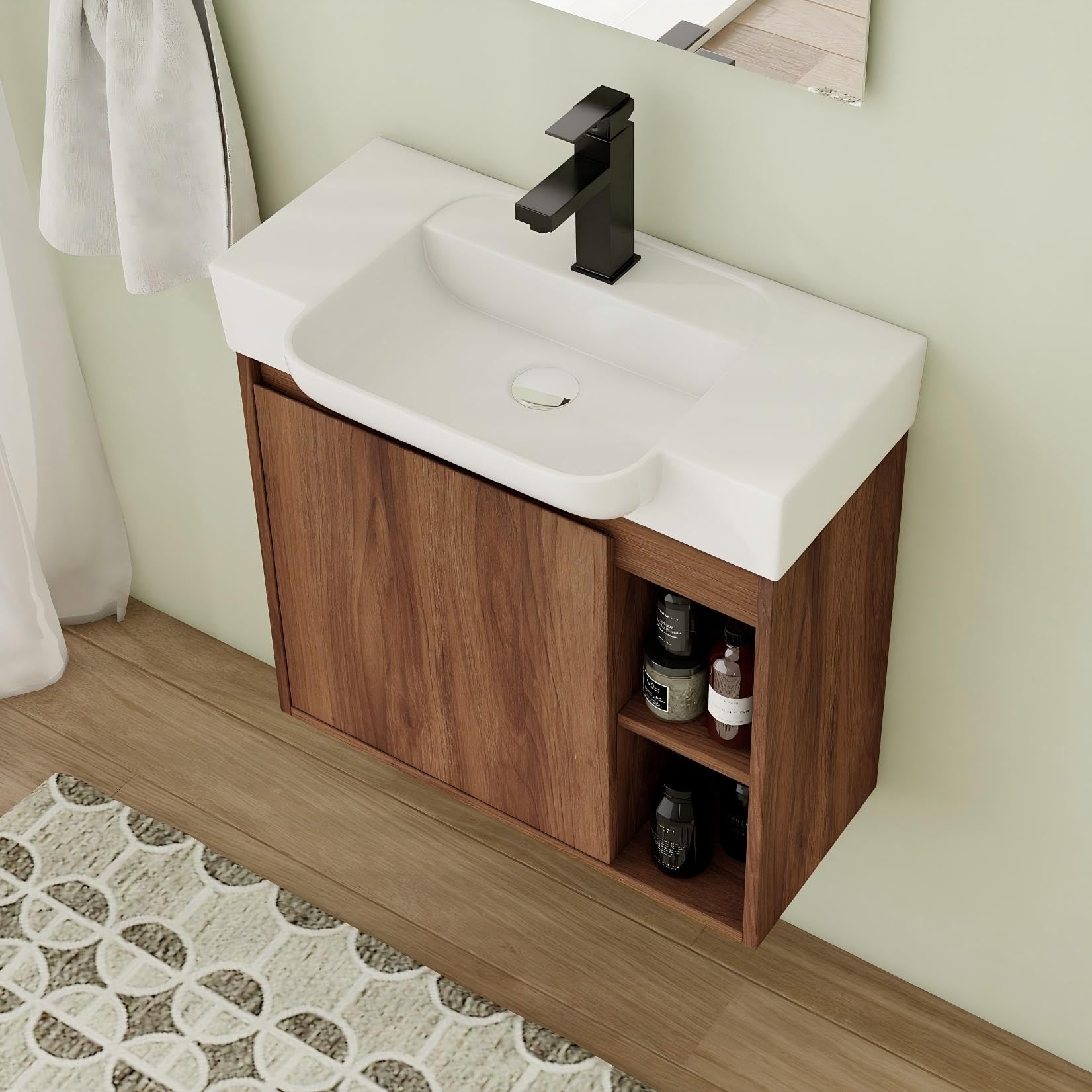 Calieton 24 Inch Floating Vanity, 24" Bathroom Vanity with Sink, Single Sink Wall Mounted Vanity Combo, Modern Brown Bathroom Vanity Set with 1 Door