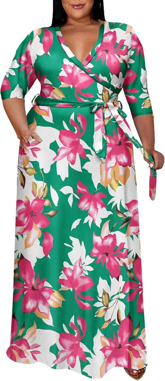 Runwind Plus Size Dress for Women - 3/4 Sleeve V Neck Printing Maxi Dresses for Women (XL-6XL)