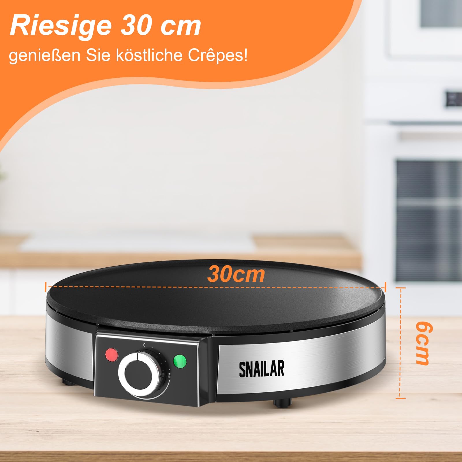 SNAILAR Crêpes Maker, Elektrische Crepesmaker 1200 W, Heizfläche mit Ø 30 cm, Antihaftbeschichtung, Stufenlose Temperatureinstellung, mit Teigteiler und Spatel, Für Crepes, Pancakes und Taccos