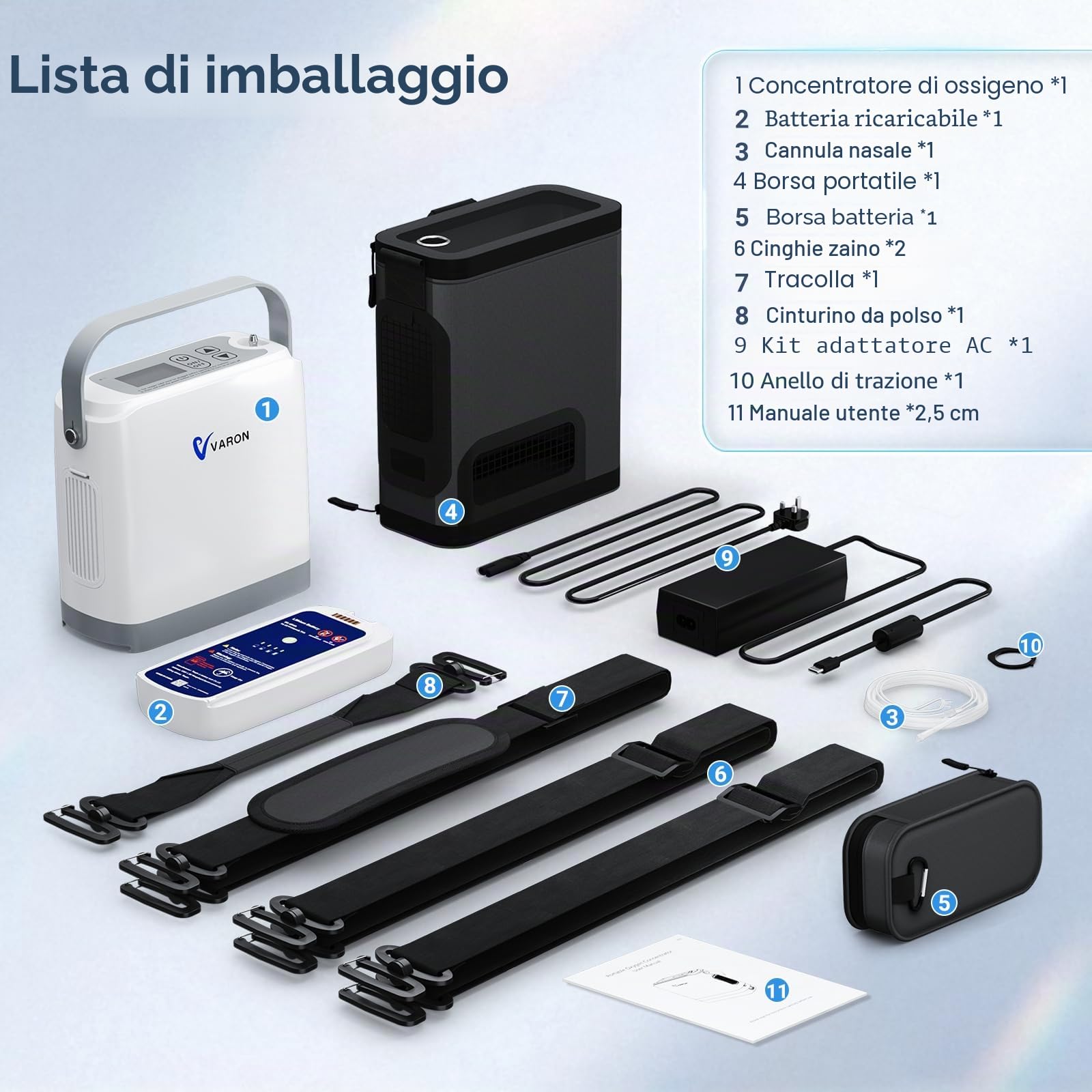 Concentratore di ossigeno mobile 1~8 L/min regolabile, 93% ±3% di ossigeno con batteria, Concentratore di ossigeno portatile, apporto di ossigeno a impulso