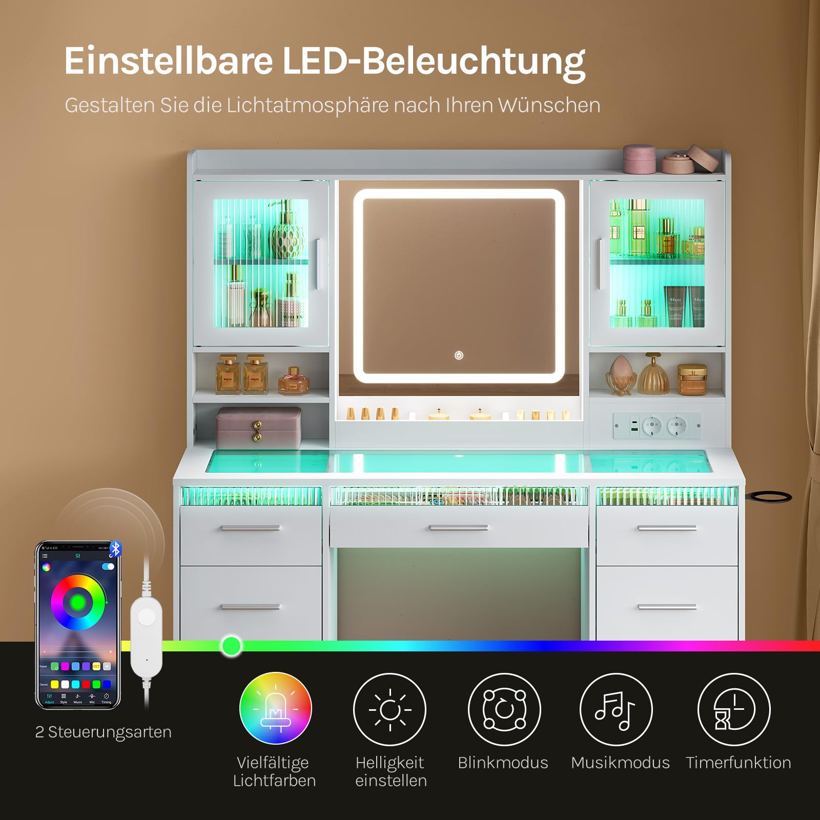 WOLTU Schminktisch mit RGB- und LED-Beleuchtung, großer Schminktisch mit transparenter Glasplatte, 9 unterteilten Fächern, Steckdose, 9 Schubladen, Spiegel, 2 Schränken, für Schlafzimmer, Weiß