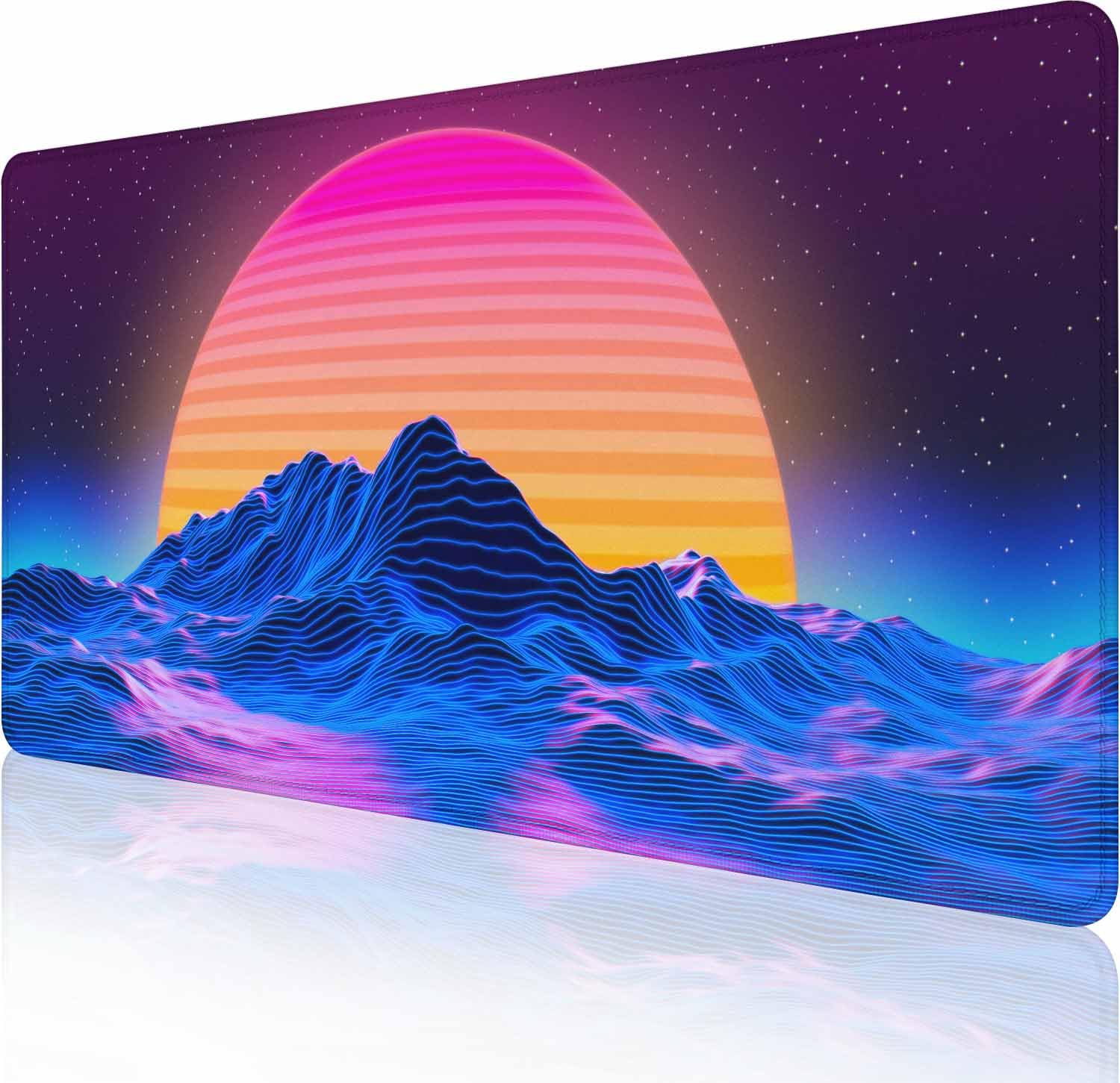 Cute Desk Mat Retro Sun Mountain Neon Landscape Desk Pad XXL Large Mouse Pad Big Full Desk Gaming Mousepad Laptop Computer Keyboard Mouse Mat