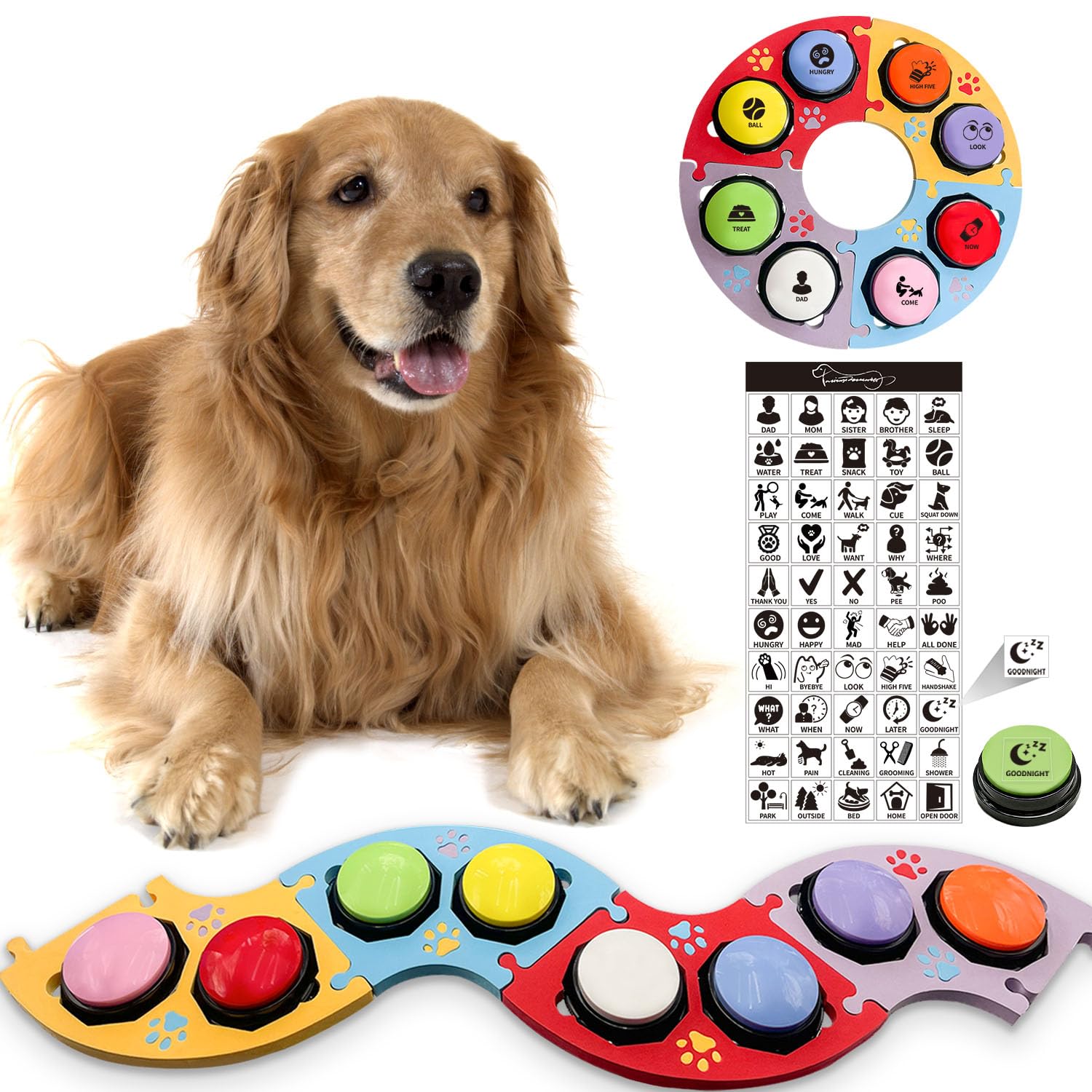 8 Botones parlantes para Perros, 30 Segundos para comunicarse 4 Almohadillas multidireccionales de Patchwork para Perros y 50 Pegatinas de escenas. Enseña a tu Perro a Hablar