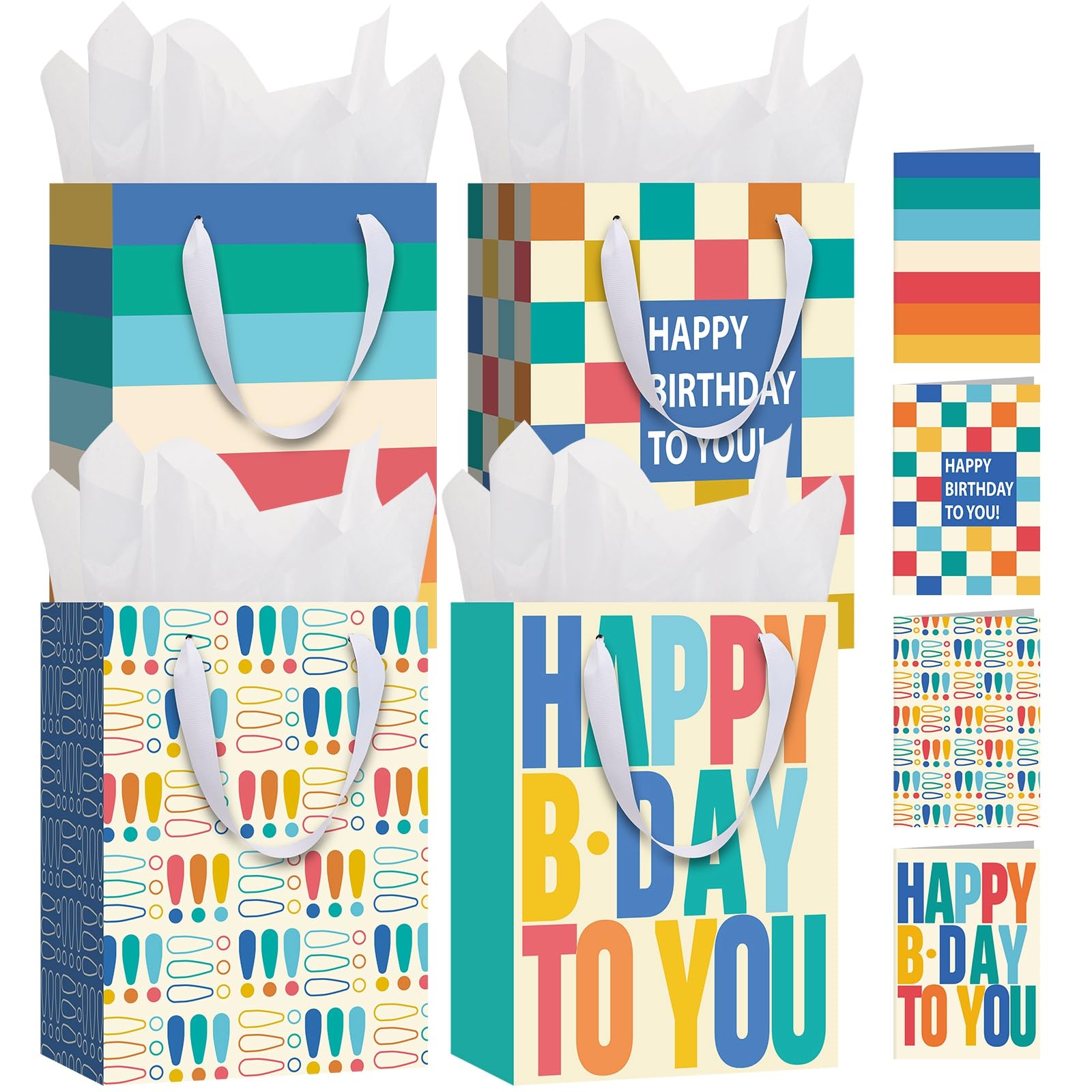woric 4 Pcs Birthday Gift Bag, 27x20x12cm Paper Gift Bags with Tissue Paper & Greeting Cards for Family Friends Birthday Weddings Anniversaries(4 Styles) — image 1