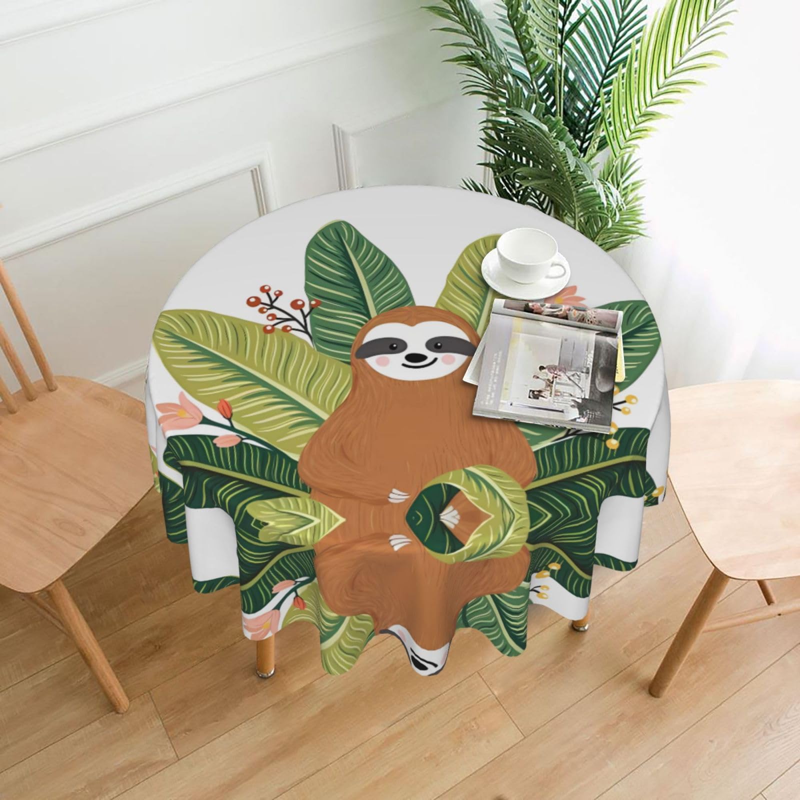 MROWYC Cute sloth & Leaves Printed Practical Round Tablecloth, Durable, Suitable for Home, Restaurant, Hotel, Gathering, and Decorative Table Covers