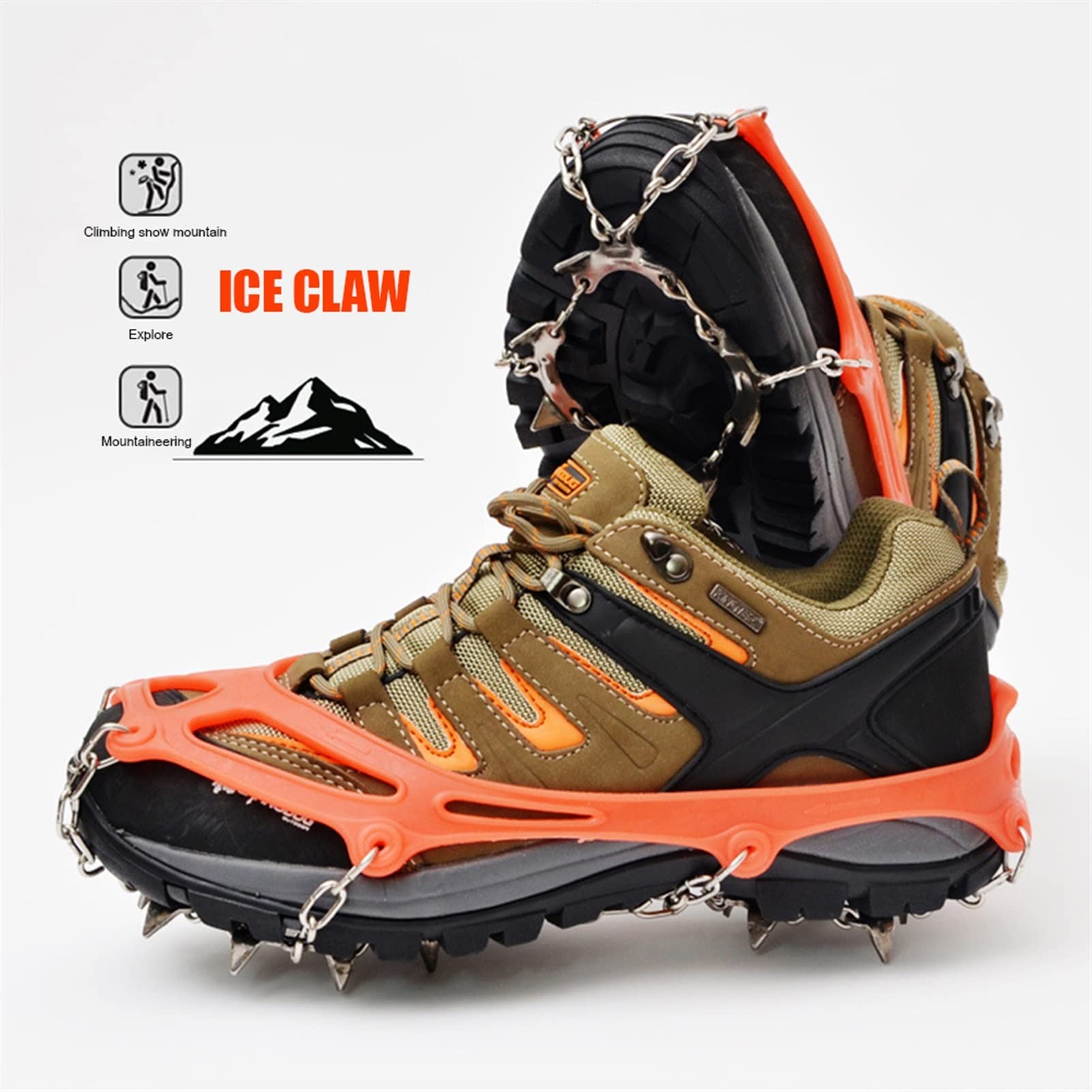 Crampones 1 par 13 Dientes Amplia de Hielo Spike for Zapatos Antideslizante Senderismo Escalada Suelta Picos de Nieve Crampones Clases Cadena Garras agarras Botas Cubierta (Color : M Orange)