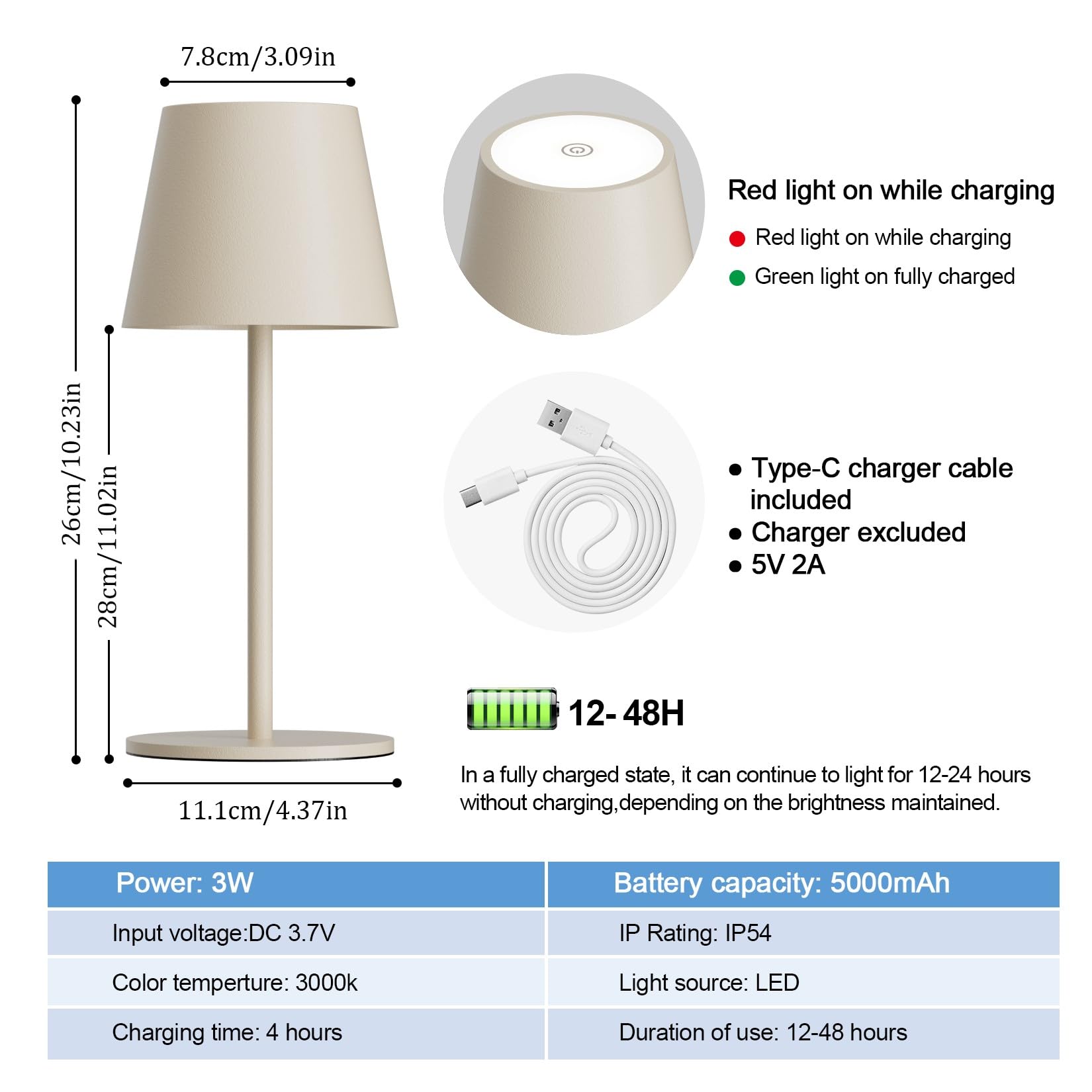 Dimmbare led akku tischleuchte Beige 26CM, 5000mAh(5V 2A) camping lampe akku aufladbar,3W 3000K tischleuchte kabellos,IP54 Outdoor Tischlampe für Restaurant, Schlafzimmer, Garten, Büro(2 Stück)