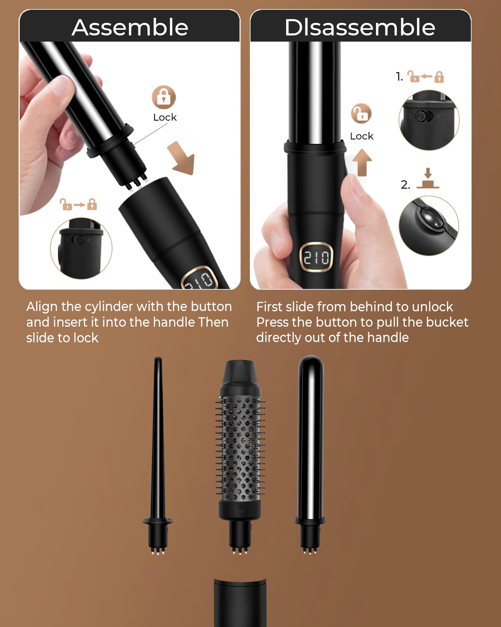 UKLISS Thermal Brush 3 en 1 Fer à Friser 9mm/19mm/28mm Curling Wand Brosse Thermique Hair Curler