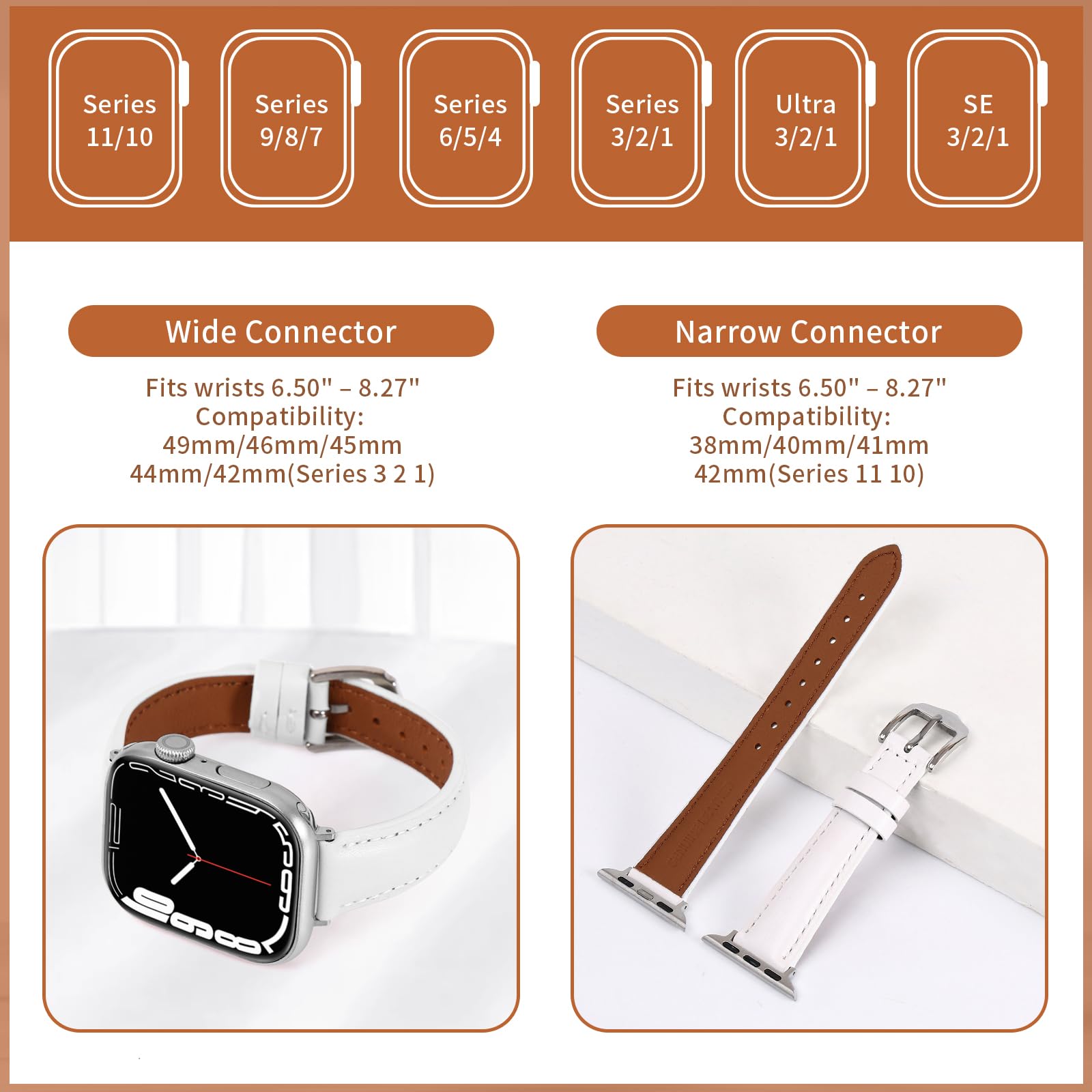 Bracelet en cuir pour Apple Watch 49 mm, 46 mm, 45 mm, 44 mm, 42 mm, 41 mm, 40 mm, 38 mm. Bracelets en cuir pour iWatch Ultra 3/2/1 Series 11/10/9/8/7/6/5/4/3/2/1 SE3 SE2 SE, blanc
