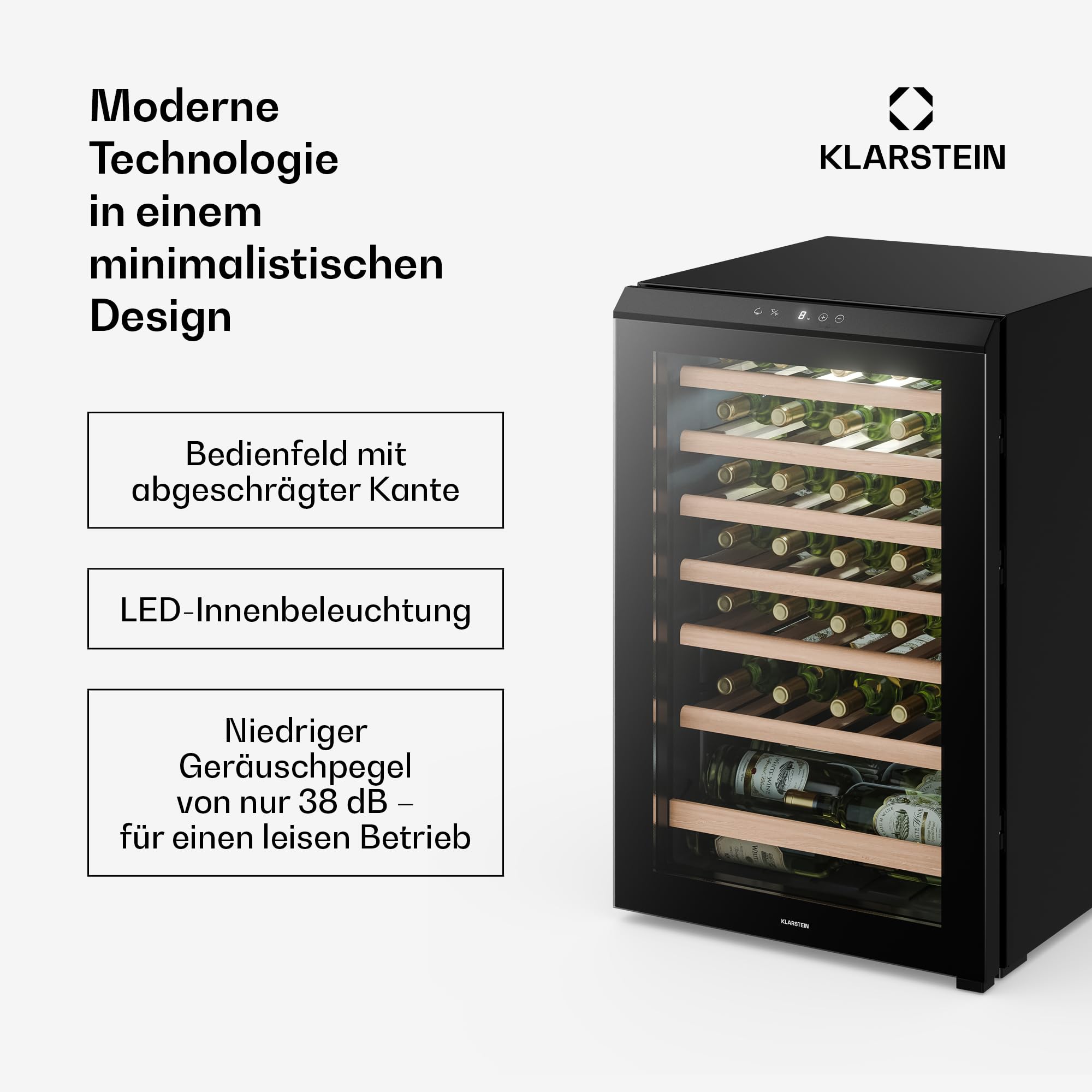 Klarstein Bevora Weinkühlschrank 48 Flaschen – Freistehender Weinkühlschrank, Touch-Bedienfeld 4–18 °C, UV-Glastür, LED-Beleuchtung, Holzablagen