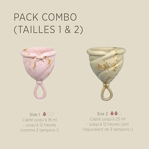 Miniatura 2 de Hevea Loop - Paquete combinado de copas menstruales, tamaño 1 y 2 (rubor dorado y arena dorada), hecho de 100% caucho natural, copa de período más