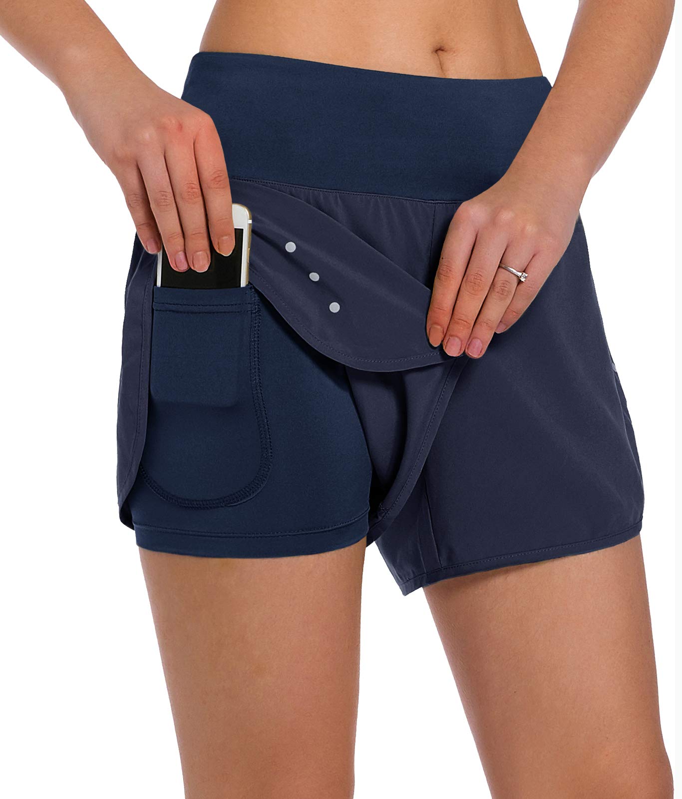 Ksmien Women's 2 in 1 Running Shorts - Lightweight Athletic Workout Gym Yoga Shorts Liner with Phone Pockets Navy Blue