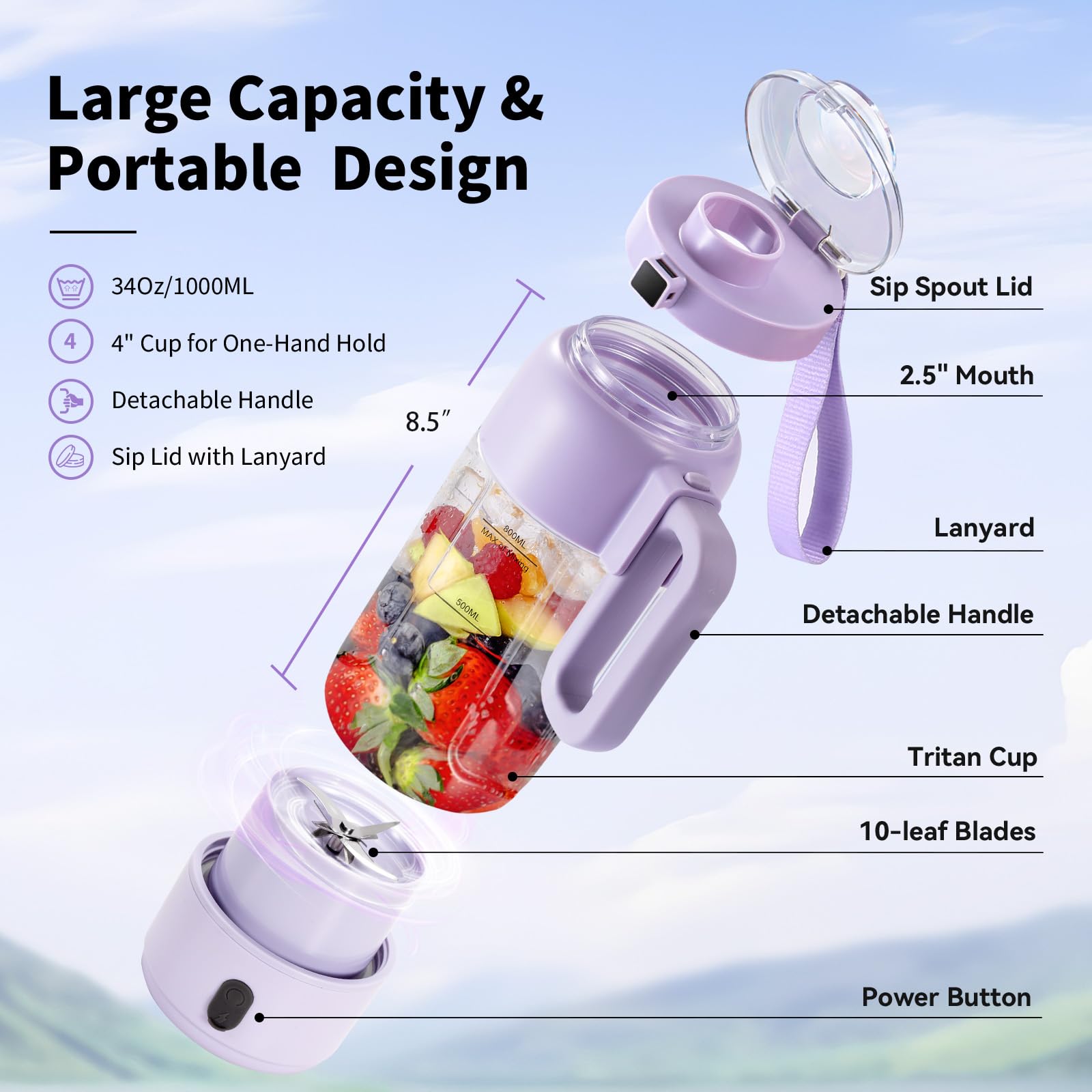 Mixido Portable Blender for Smoothies, 34oz Personal Size Mini Small Protein Shake Smoothie Blender, Cordless & BPA Free with Leakproof Lanyard Sip Lid (Purple)